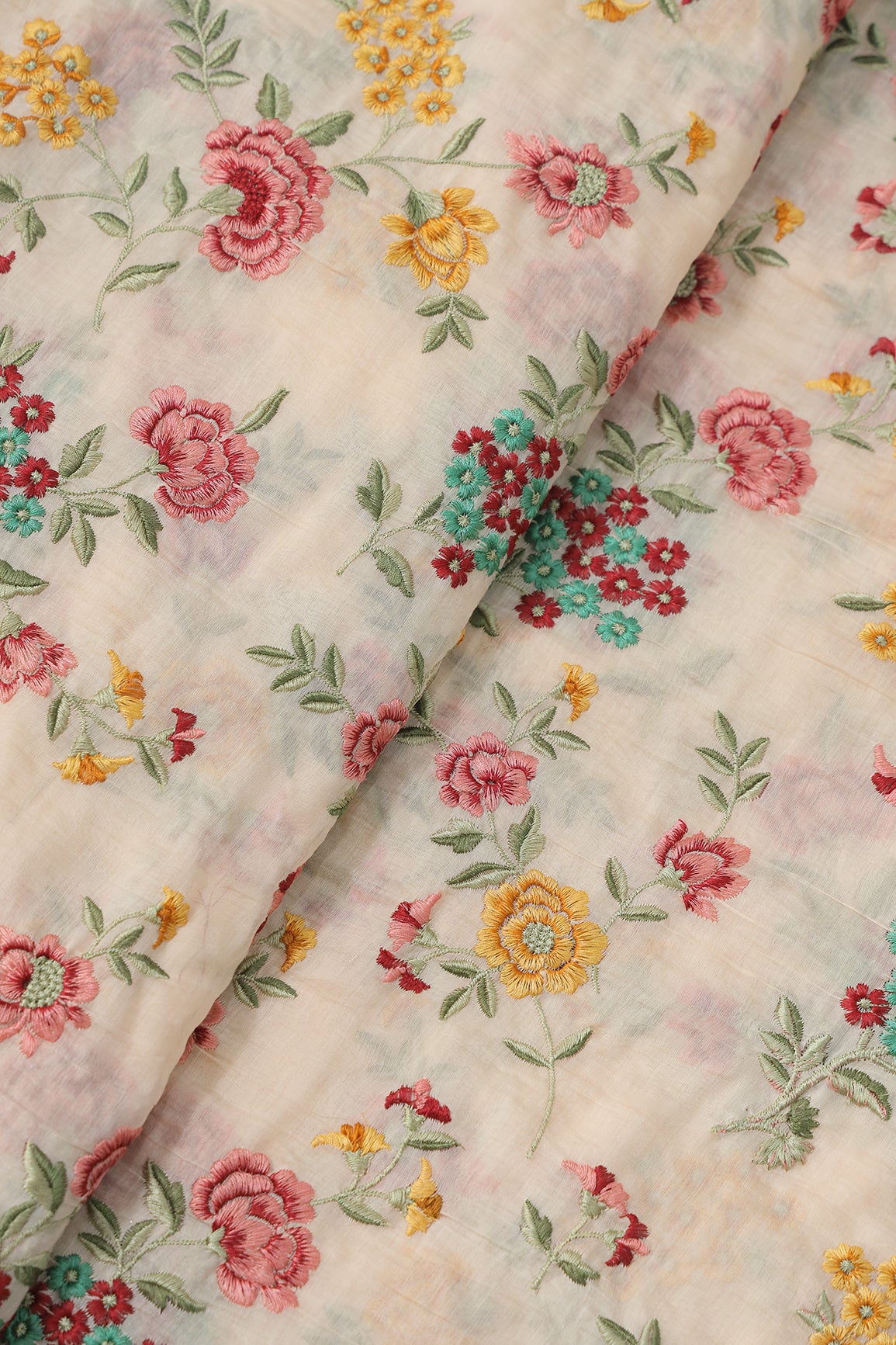 Beautiful Multi Thread Floral Embroidery Work On Peach Pure Mul Chanderi Silk Fabric