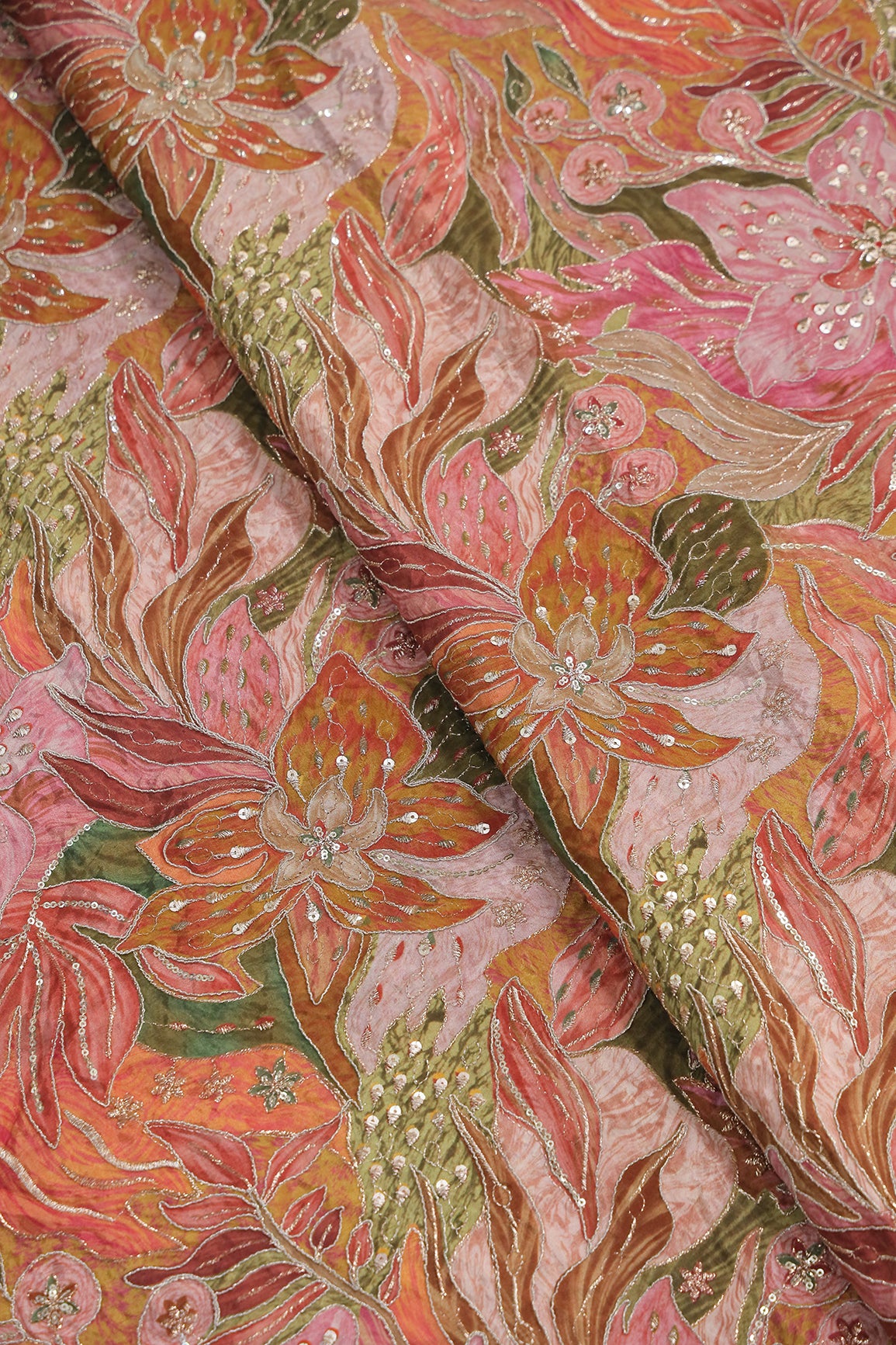 Flowy Embroidery With Zari And Sequins Floral Positional Print On Gajri Red Pure Crepe Fabric