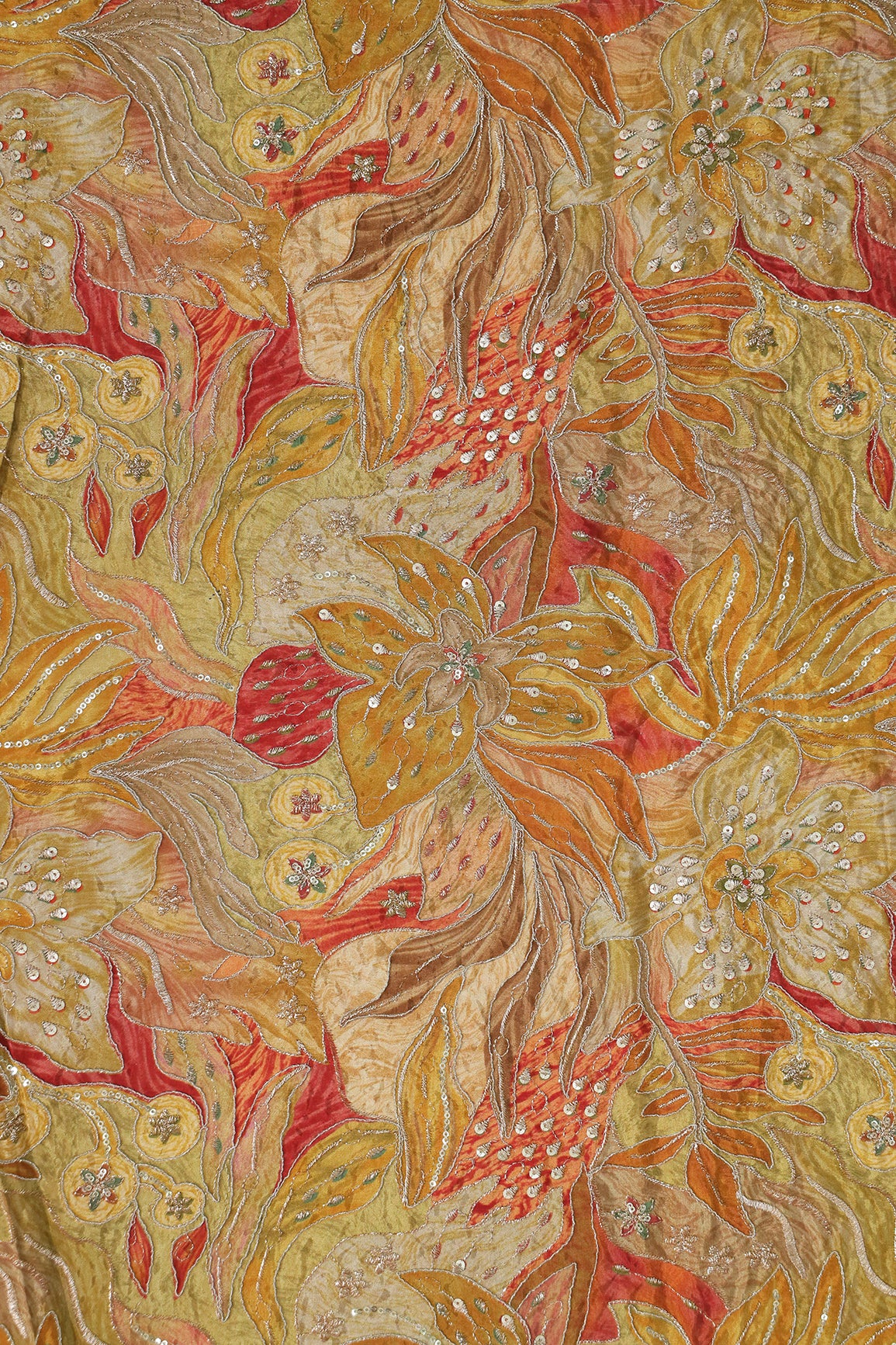 Flowy Embroidery With Zari And Sequins Floral Positional Print On Mustard Yellow Pure Crepe Fabric