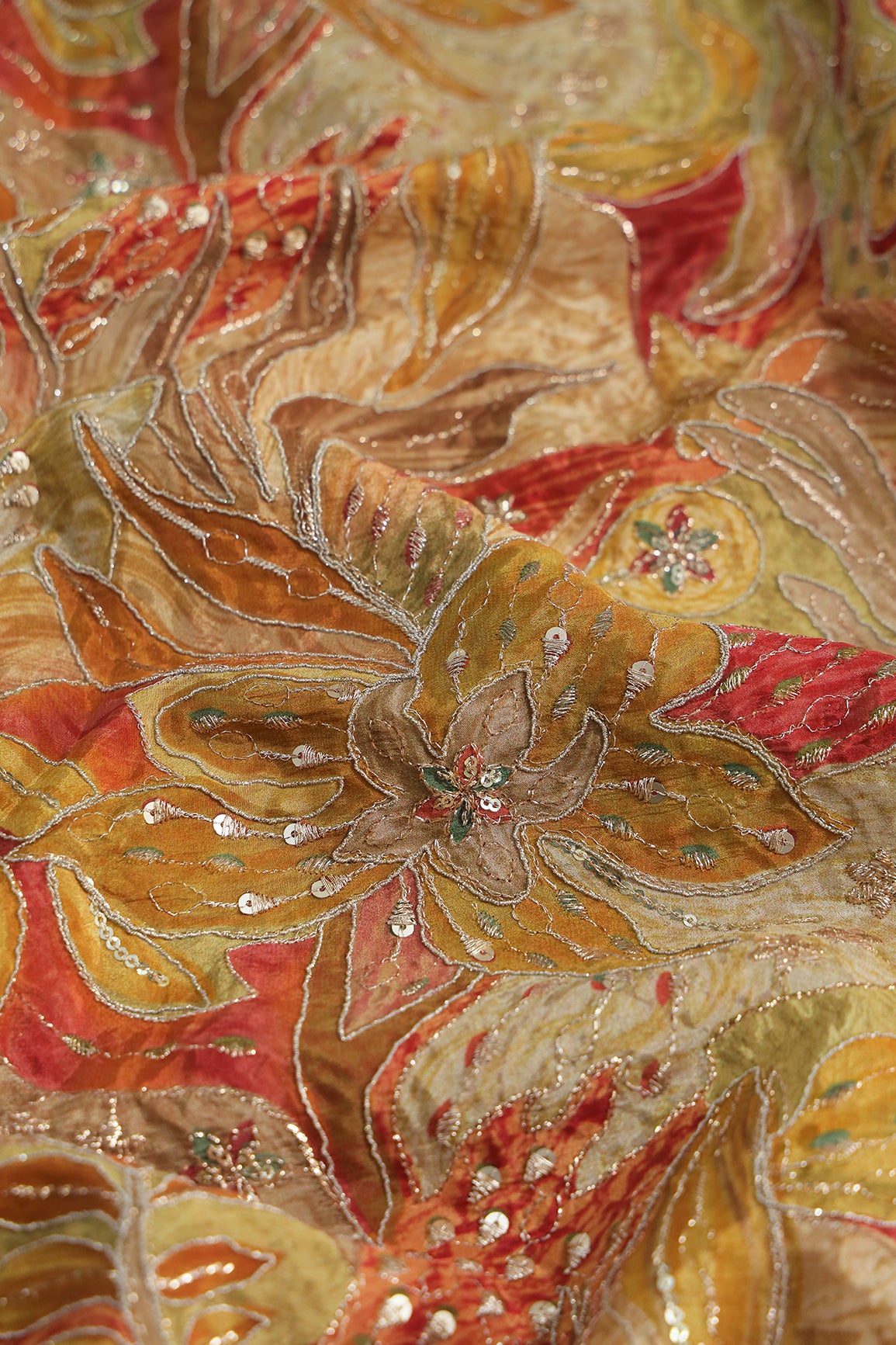 Flowy Embroidery With Zari And Sequins Floral Positional Print On Mustard Yellow Pure Crepe Fabric