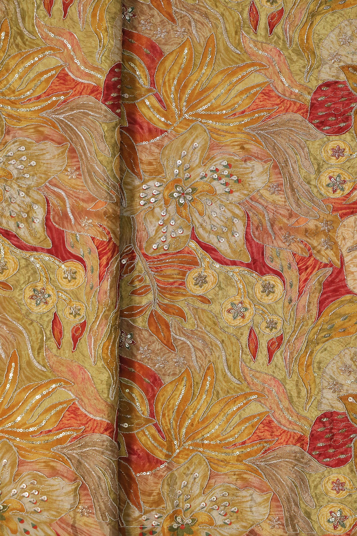 Flowy Embroidery With Zari And Sequins Floral Positional Print On Mustard Yellow Pure Crepe Fabric