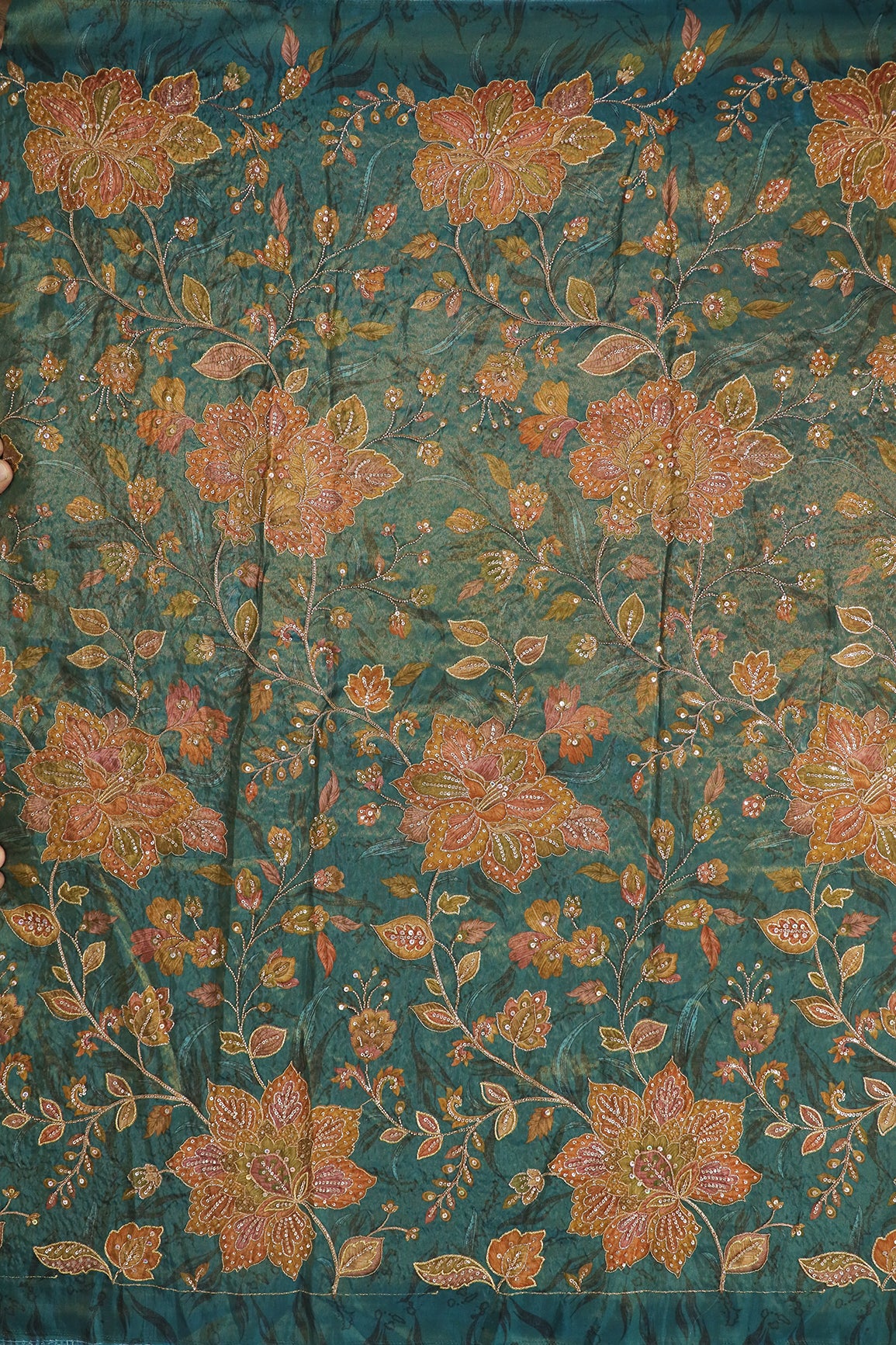 Big Width Floral Positional Print With Beads, Sequins and Zari Embroidery Work On Rama Viscose Zari Tissue Fabric