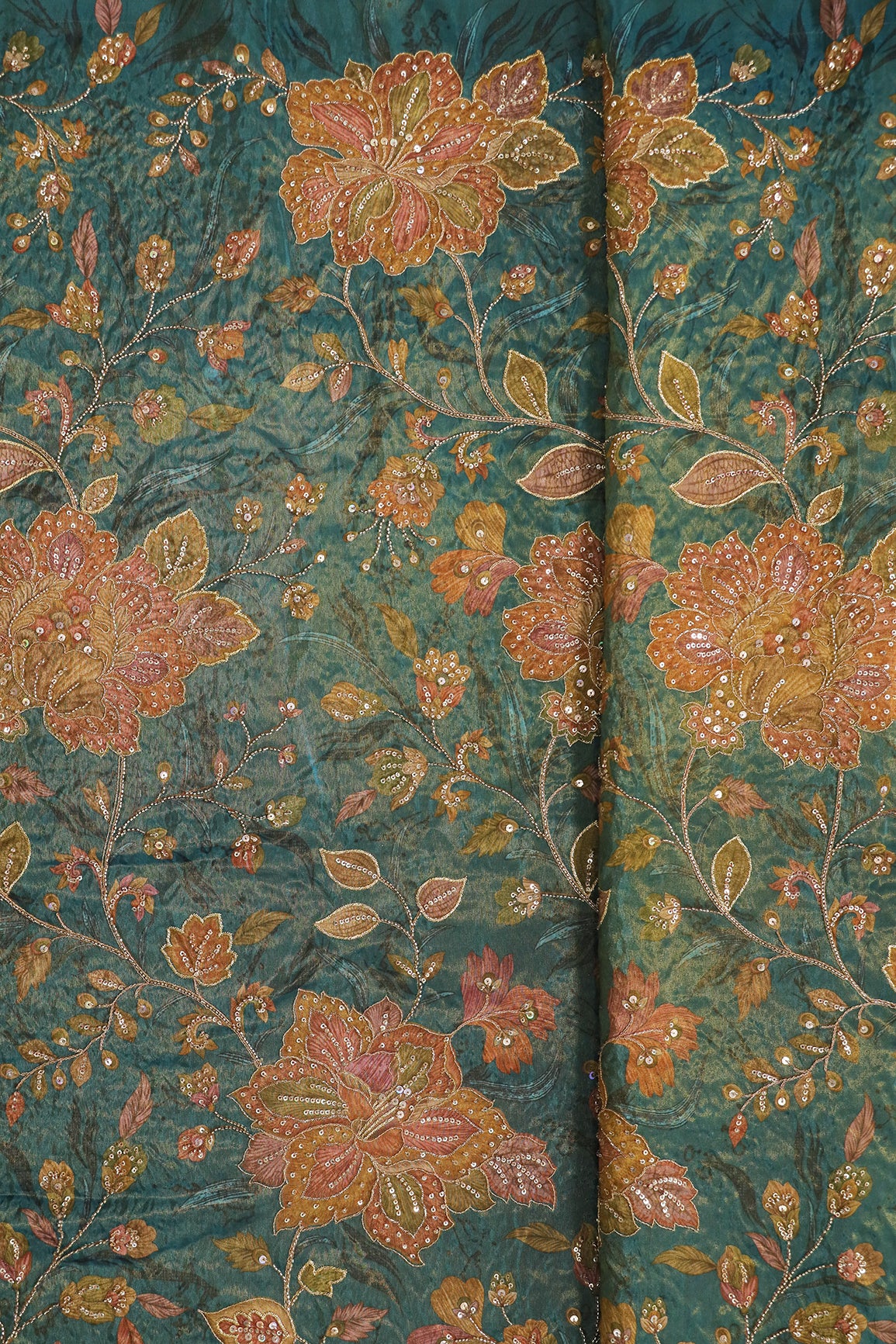 Big Width Floral Positional Print With Beads, Sequins and Zari Embroidery Work On Rama Viscose Zari Tissue Fabric