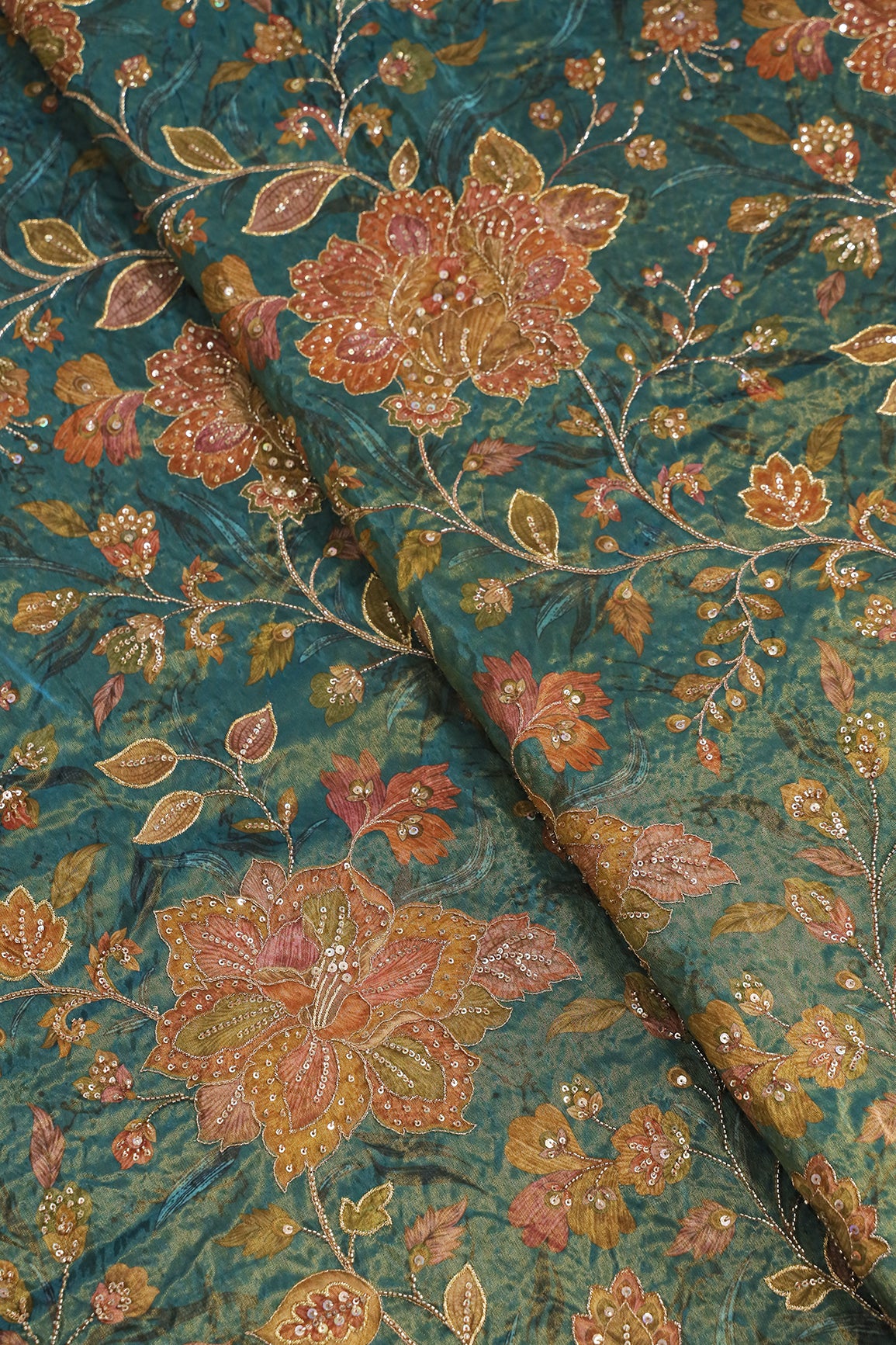 Big Width Floral Positional Print With Beads, Sequins and Zari Embroidery Work On Rama Viscose Zari Tissue Fabric