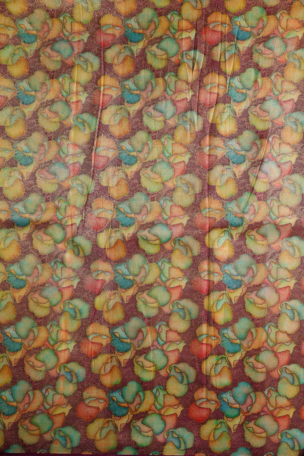 Positional Print On Wine Viscose Dola Silk Jacquard Fabric