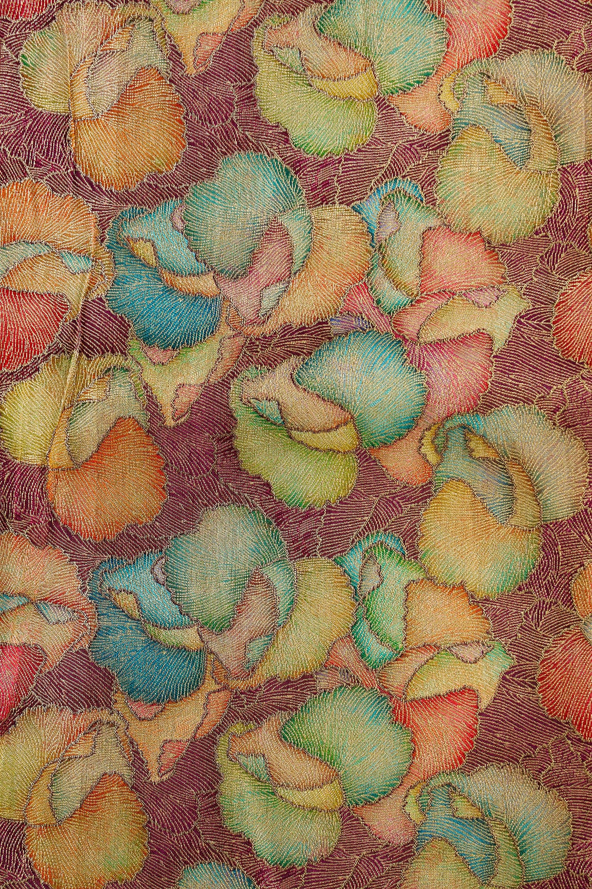 Positional Print On Wine Viscose Dola Silk Jacquard Fabric
