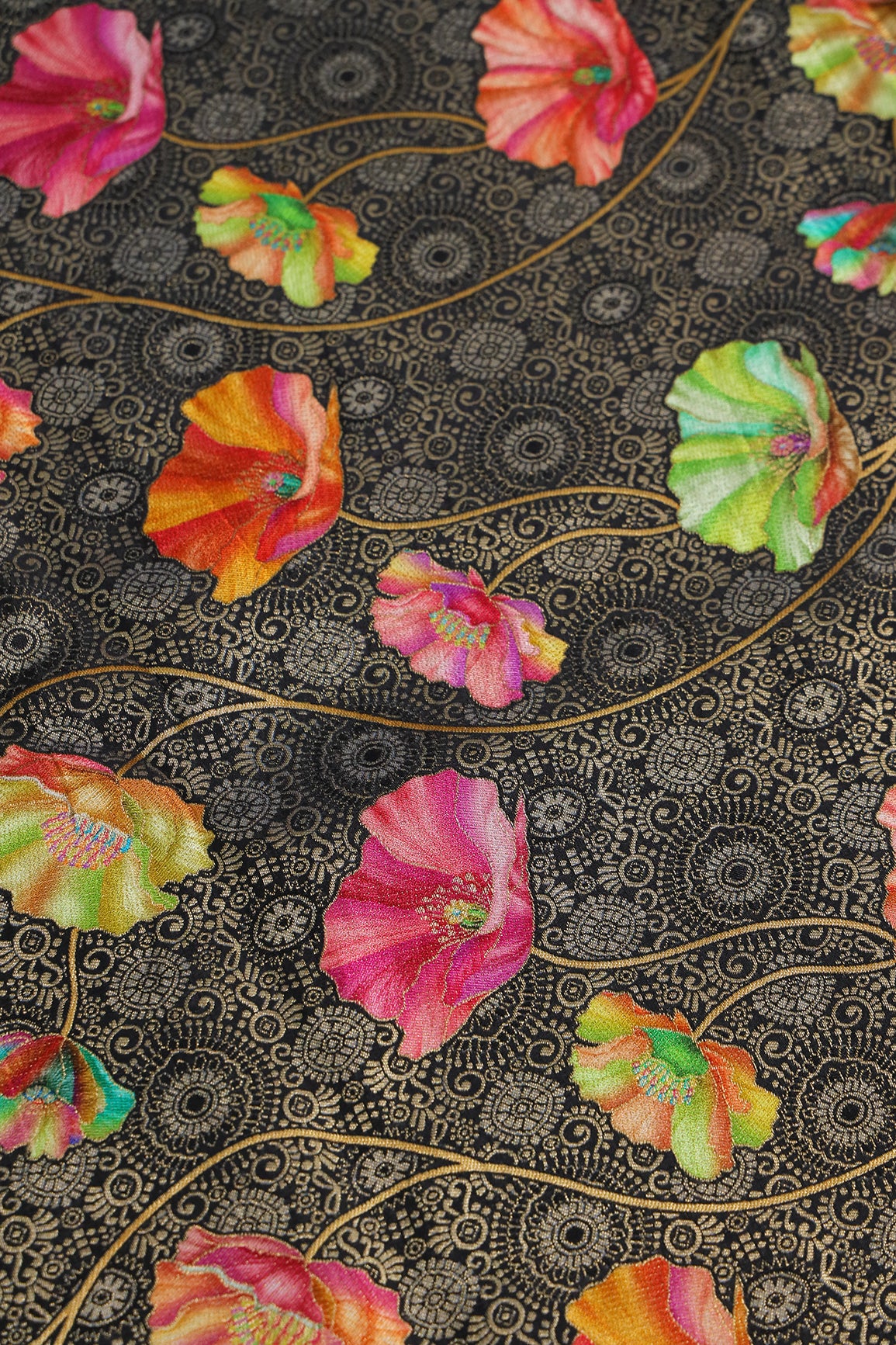 Positional Print On Black Viscose Dola Silk Jacquard Fabric
