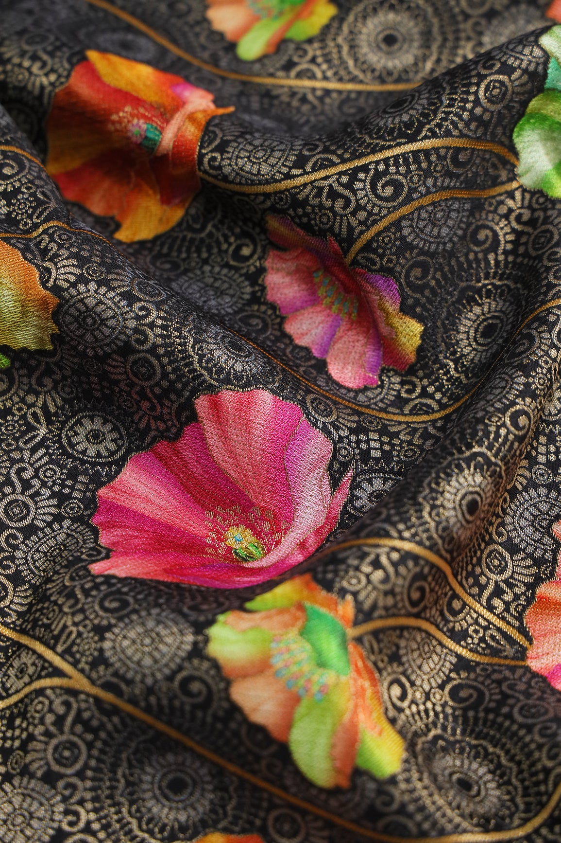 Positional Print On Black Viscose Dola Silk Jacquard Fabric
