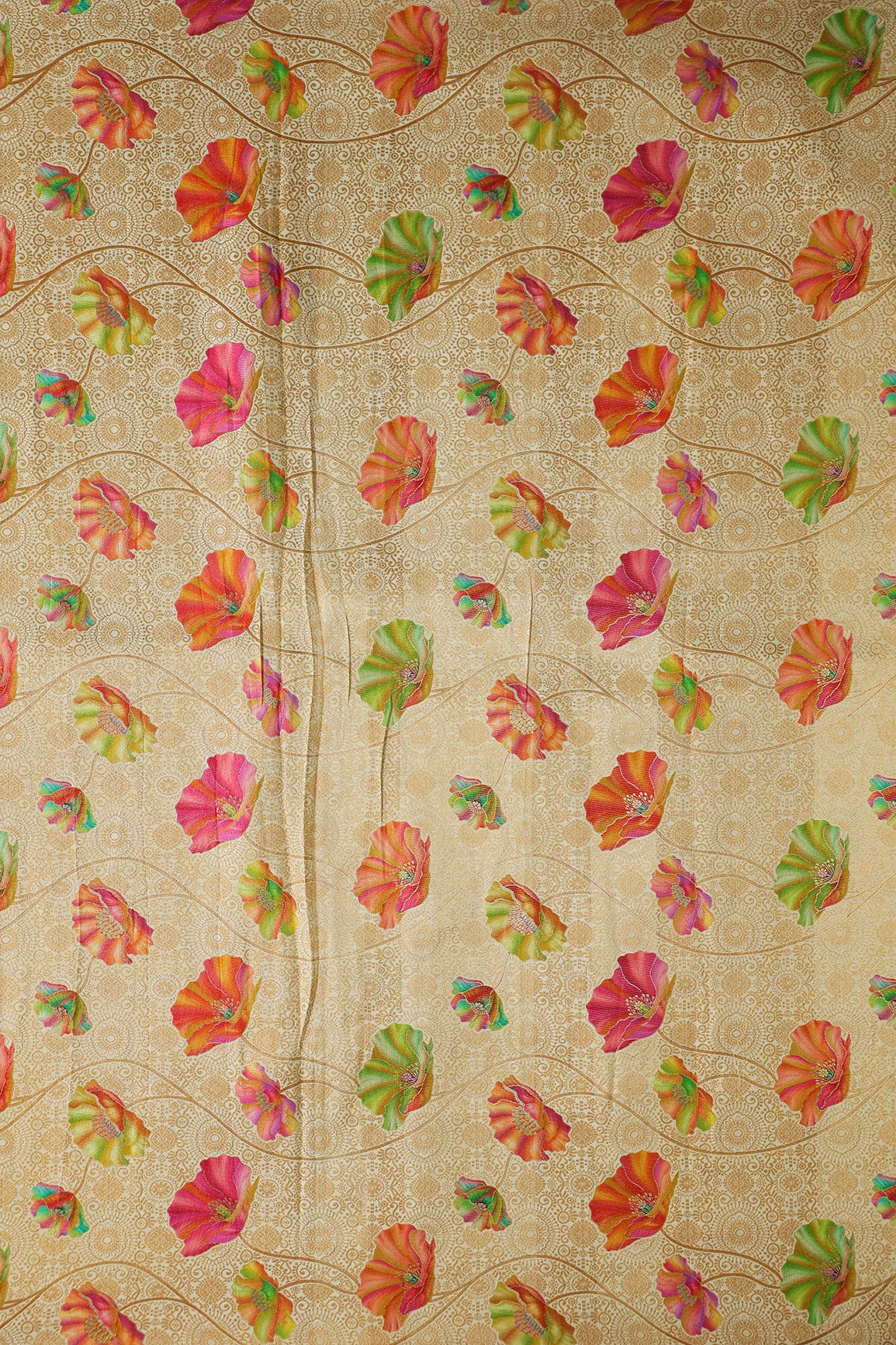 Positional Print On Beige Viscose Dola Silk Jacquard Fabric