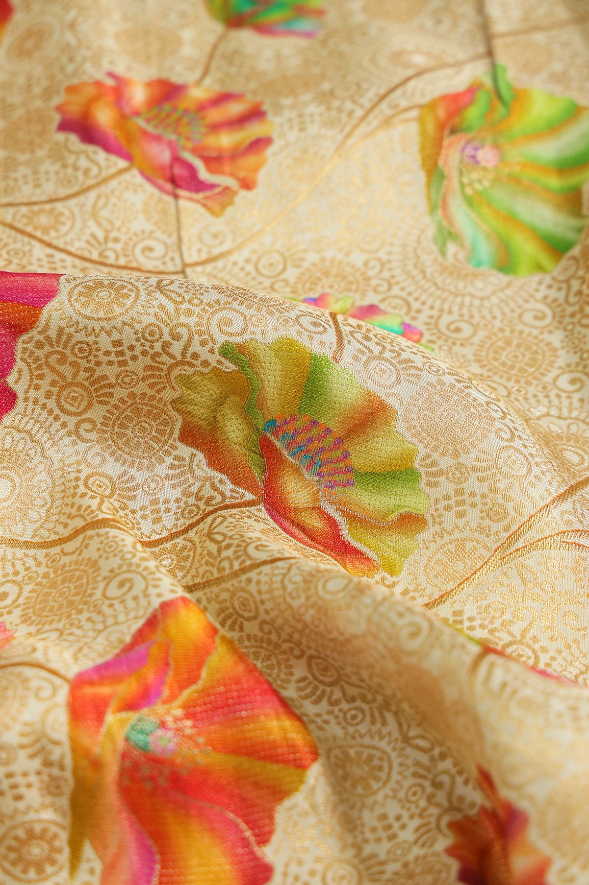 Positional Print On Beige Viscose Dola Silk Jacquard Fabric