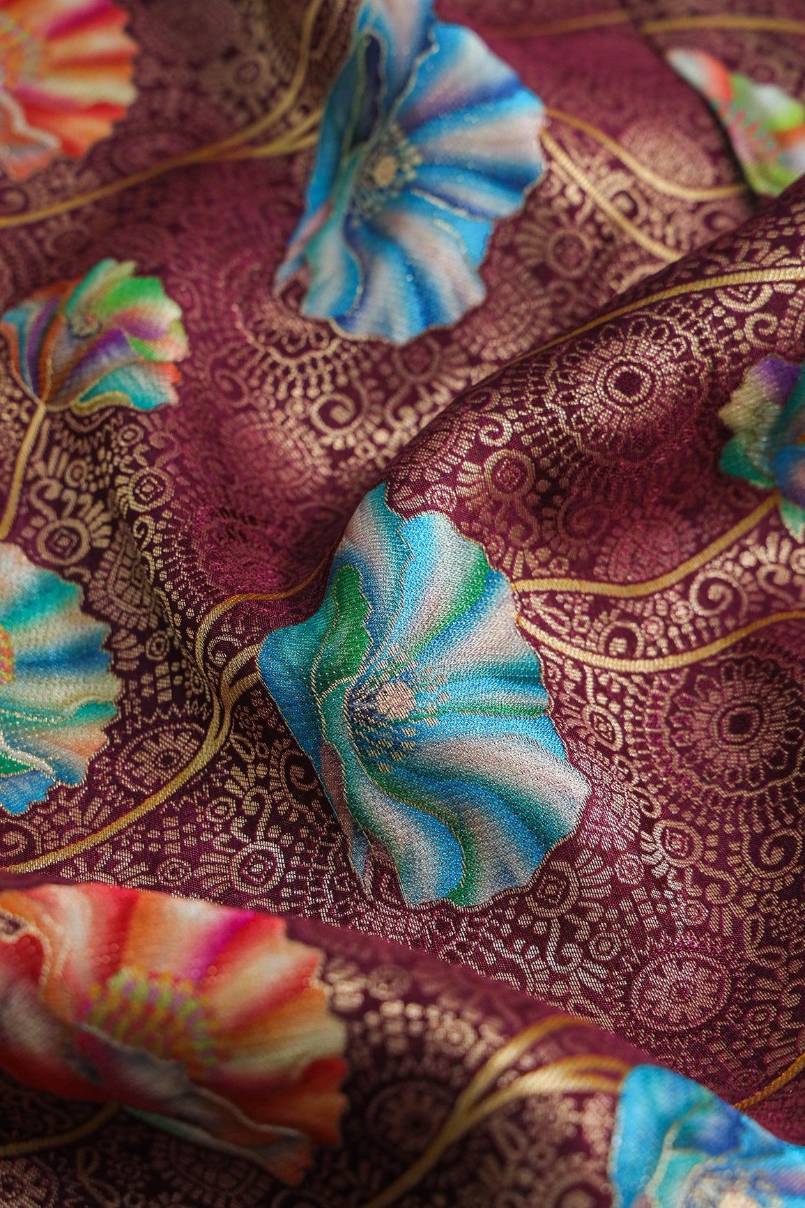 Positional Print On Wine Viscose Dola Silk Jacquard Fabric