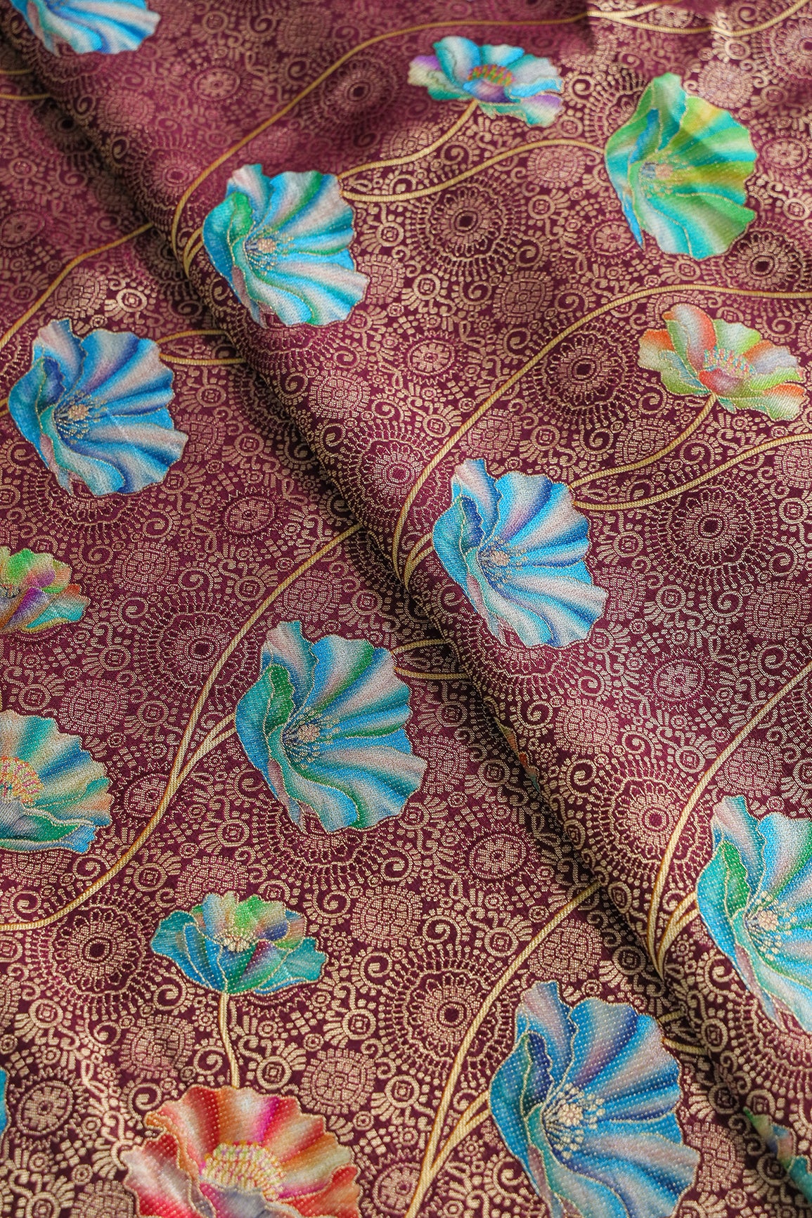 Positional Print On Wine Viscose Dola Silk Jacquard Fabric