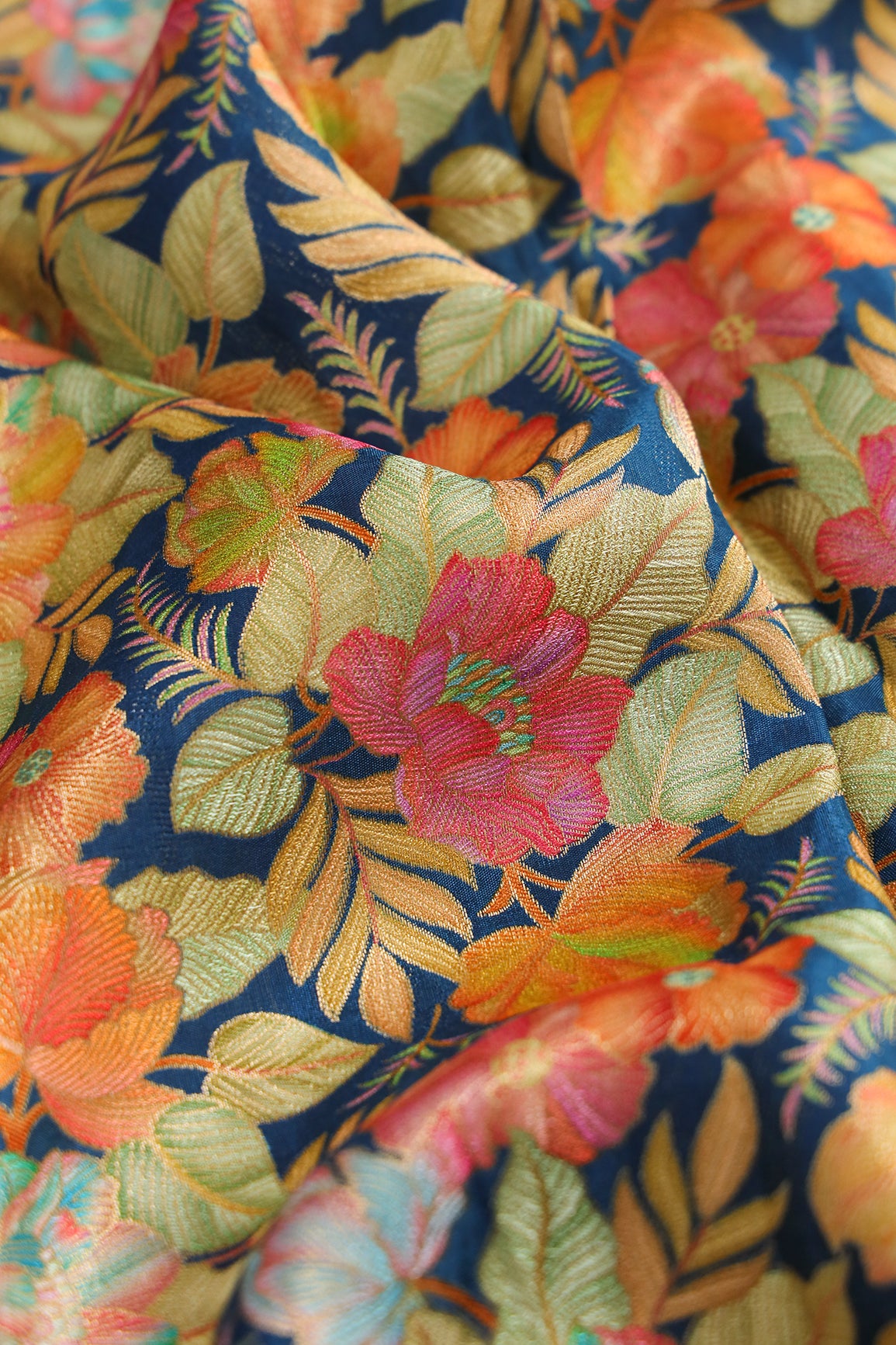 Positional Floral Print On Rama Viscose Dola Silk Jacquard Fabric