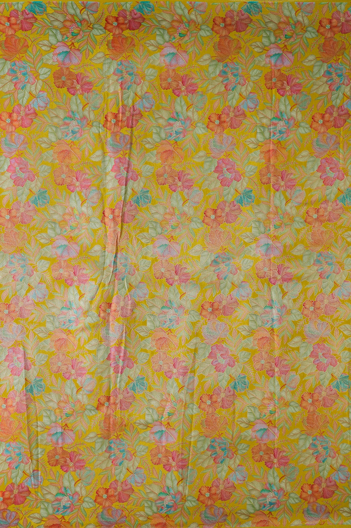 Positional Floral Print On Yellow Viscose Dola Silk Jacquard Fabric