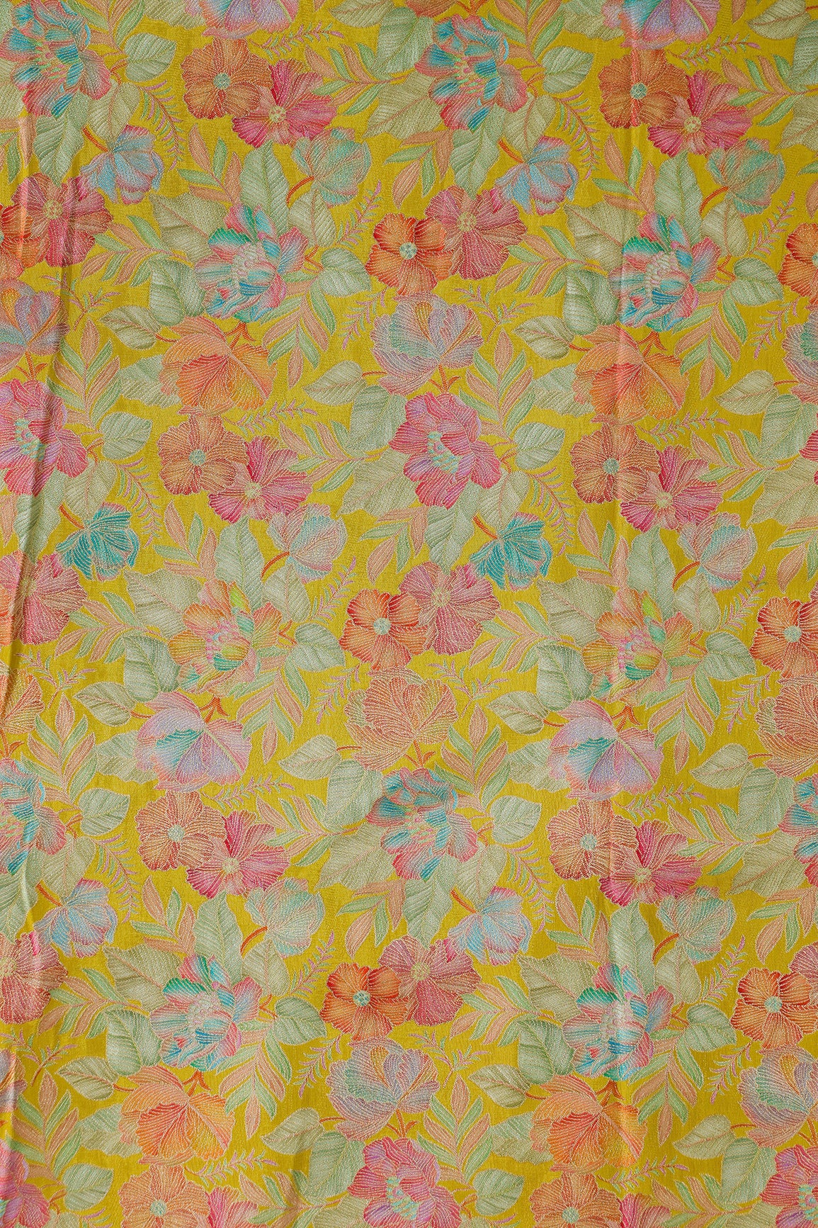 Positional Floral Print On Yellow Viscose Dola Silk Jacquard Fabric
