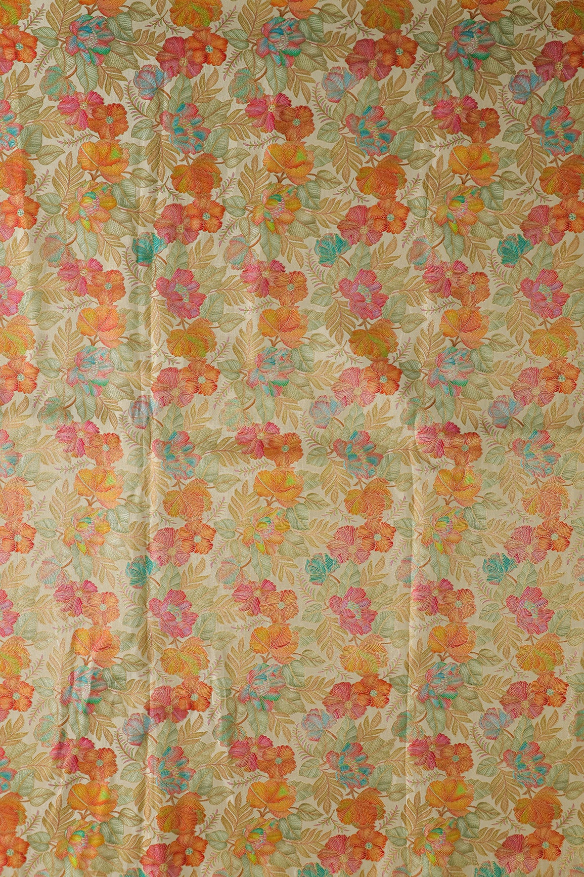 Positional Floral Print On Beige Viscose Dola Silk Jacquard Fabric