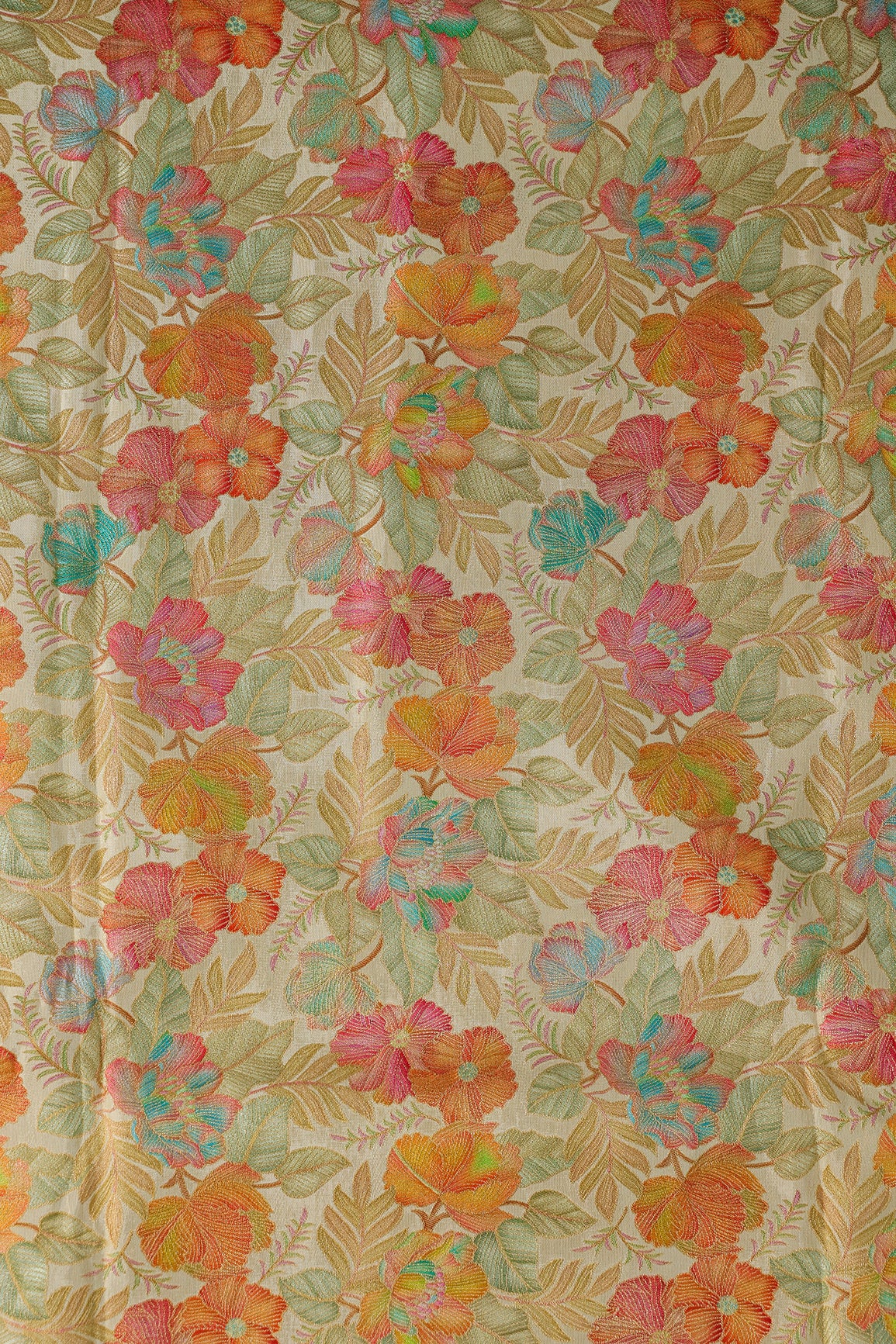 Positional Floral Print On Beige Viscose Dola Silk Jacquard Fabric