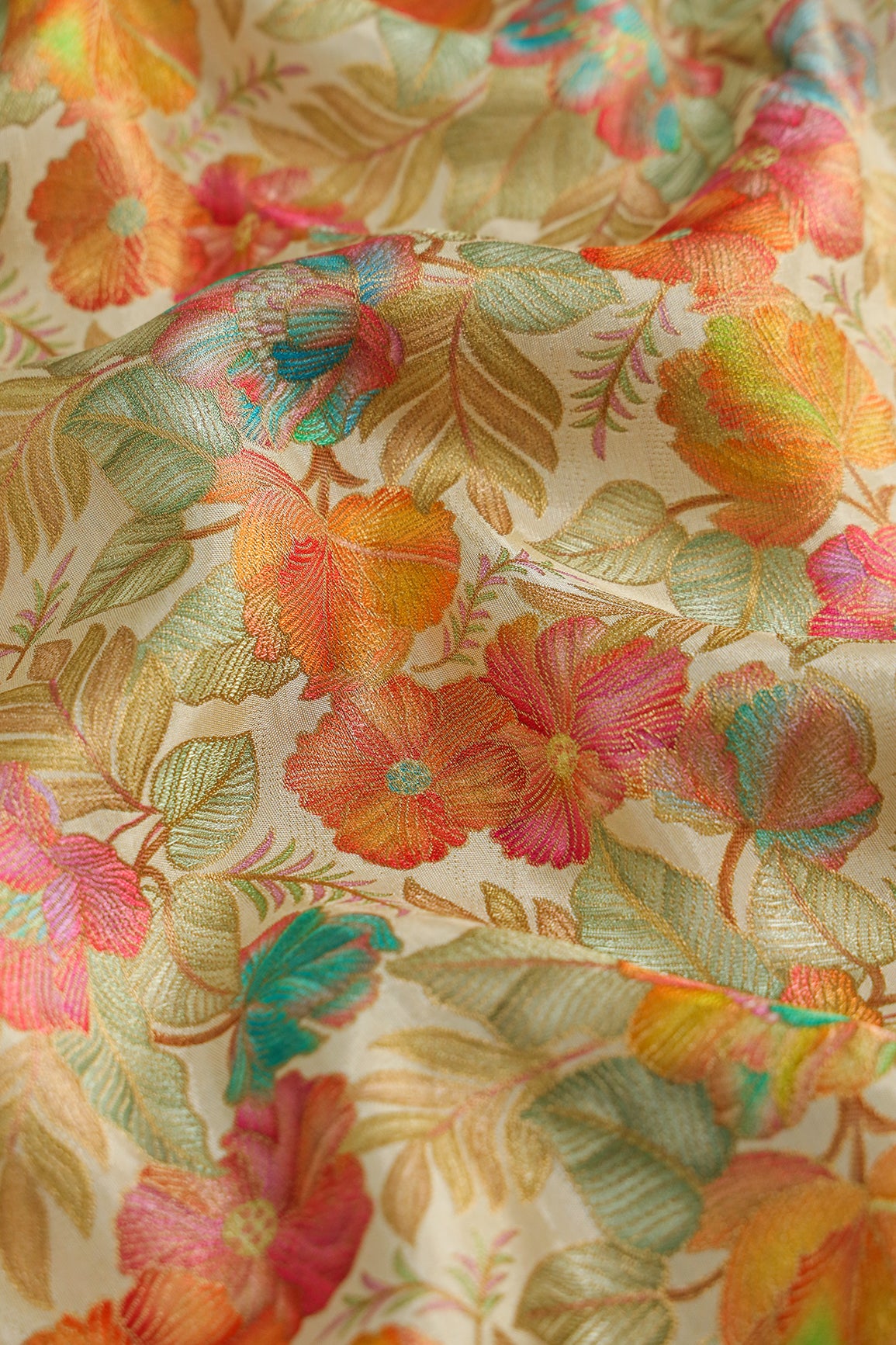 Positional Floral Print On Beige Viscose Dola Silk Jacquard Fabric