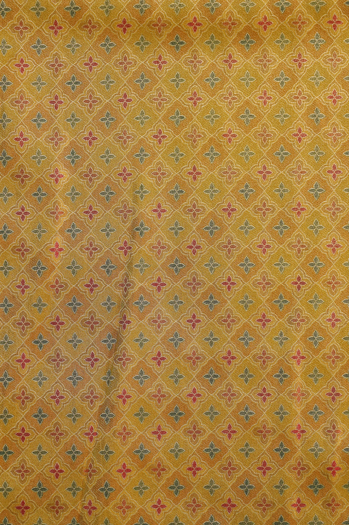 Positional Print On Golden Lemon Viscose kanjivaram Silk Jacquard Fabric