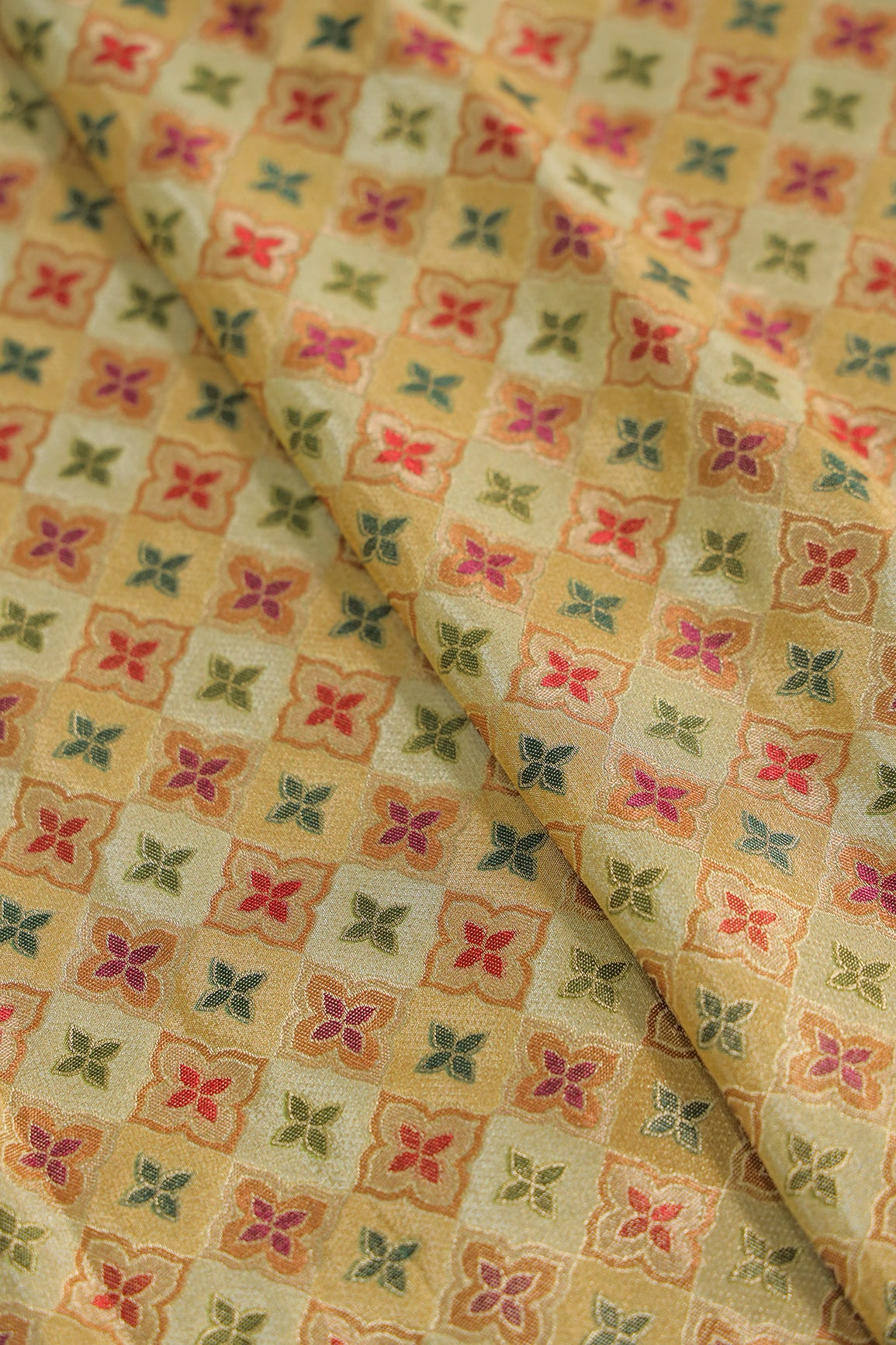 Positional Print On Beige Viscose kanjivaram Silk Jacquard Fabric