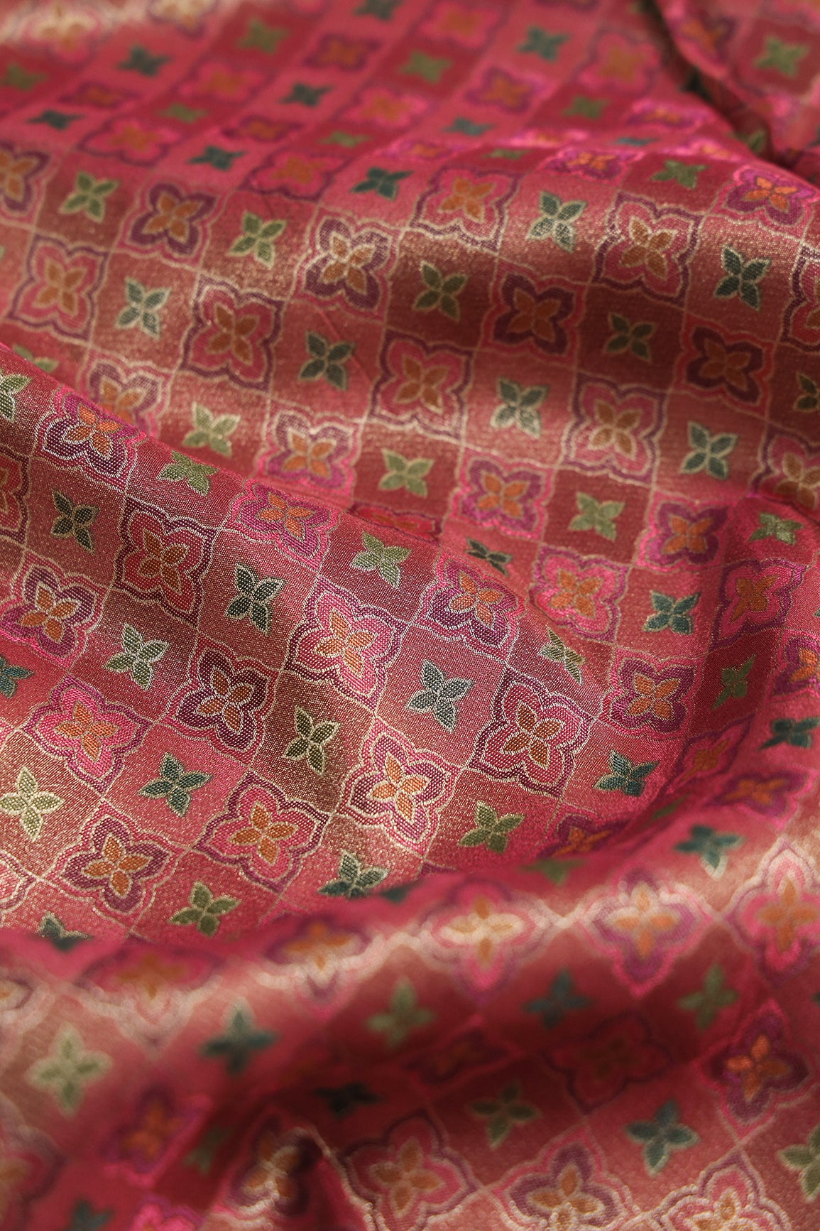 Positional Print On Red And Pink Viscose kanjivaram Silk Jacquard Fabric
