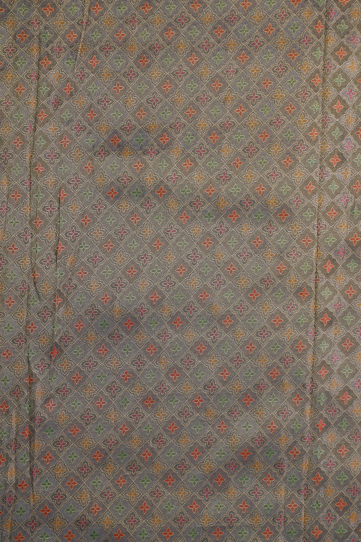 Positional Print On Grey Viscose kanjivaram Silk Jacquard Fabric