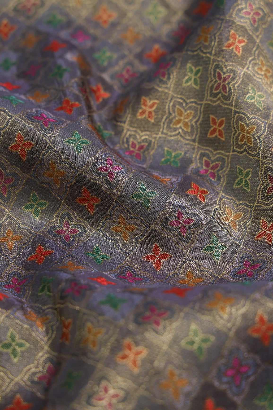Positional Print On Grey Viscose kanjivaram Silk Jacquard Fabric