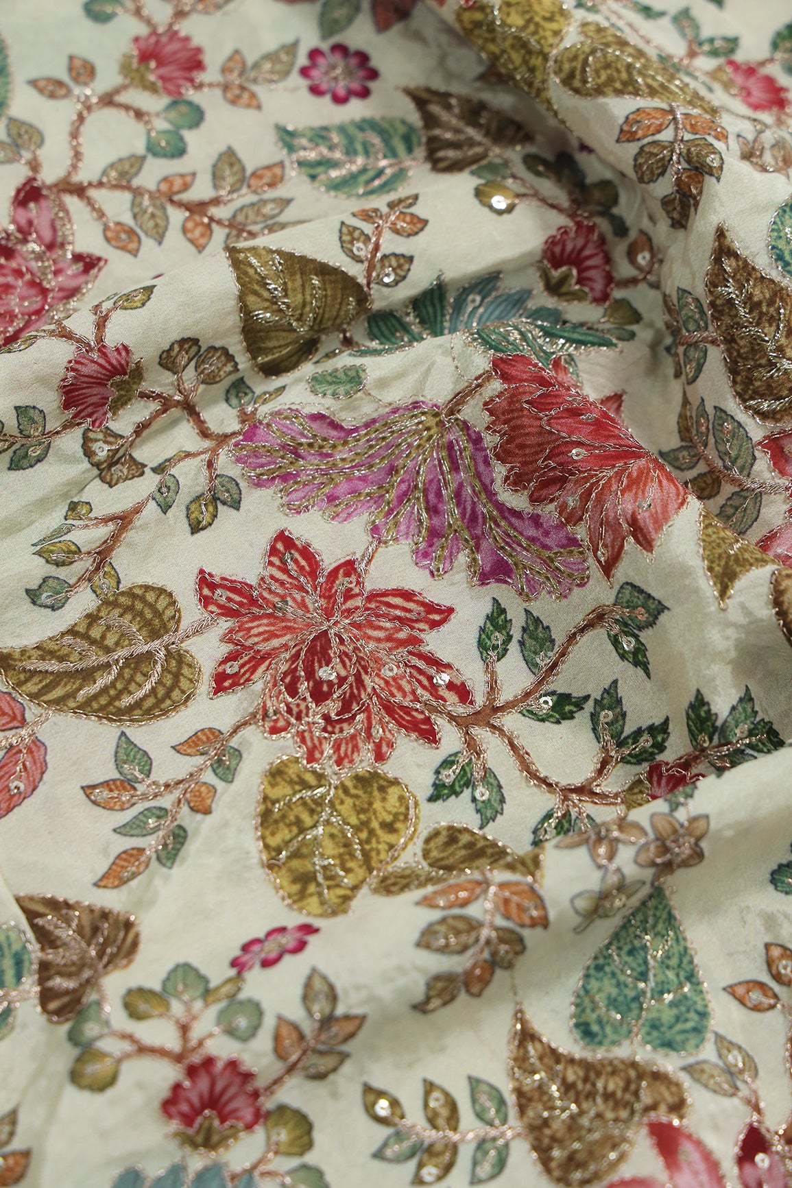 1.50 Meter Cut Piece Of Floral Position Print On Sequins With Zari Embroidery On Cream Pure Crepe Fabric