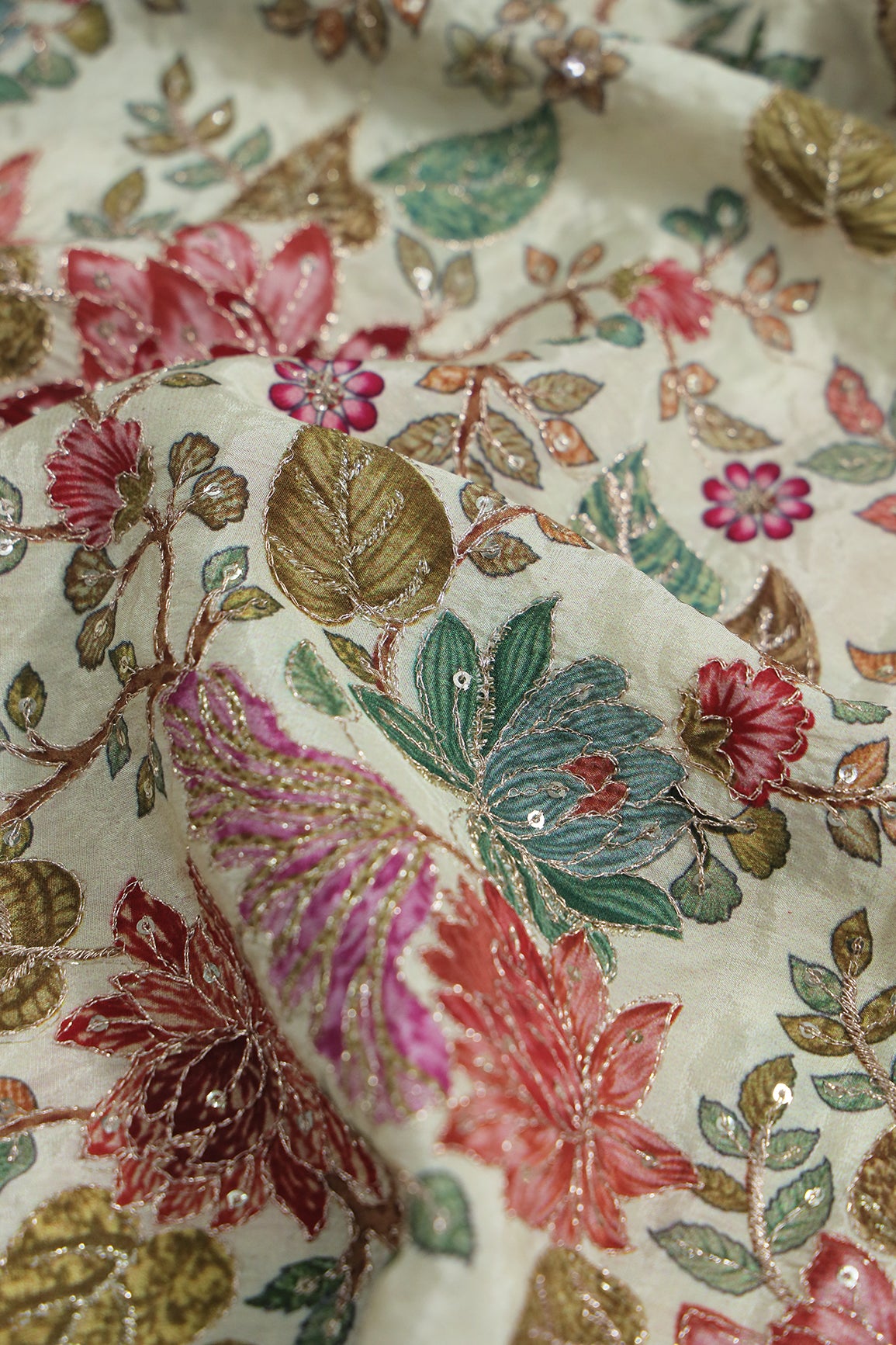 1.50 Meter Cut Piece Of Floral Position Print On Sequins With Zari Embroidery On Cream Pure Crepe Fabric