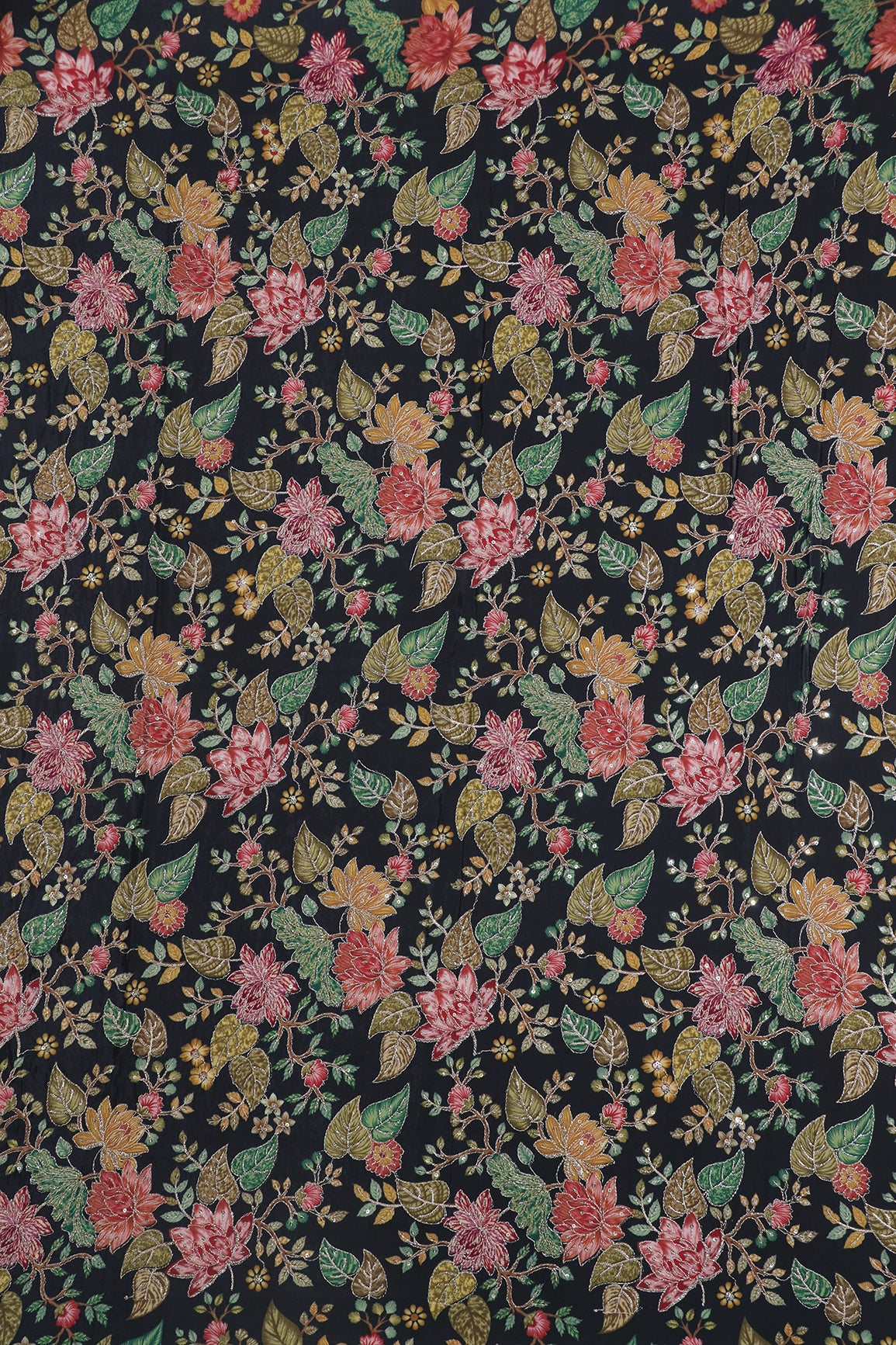 0.90 Meter Cut Piece Of Floral Position Print On Sequins With Zari Embroidery On Black Pure Crepe Fabric