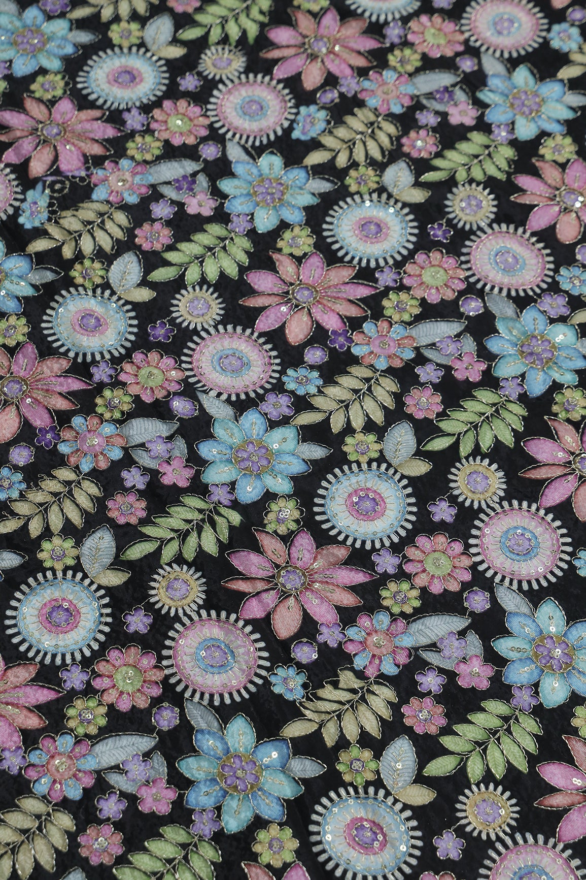 2.30 Meter Cut Piece Of Floral Position Print On Sequins With Zari Embroidery On Black Pure Crepe Fabric