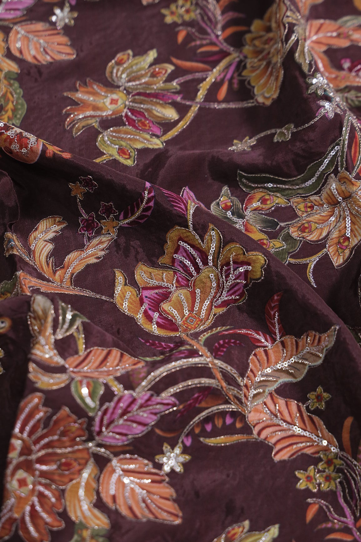 1 Meter Cut Piece Of Floral Position Print On Sequins With Zari Embroidery On Brown Pure Crepe Fabric