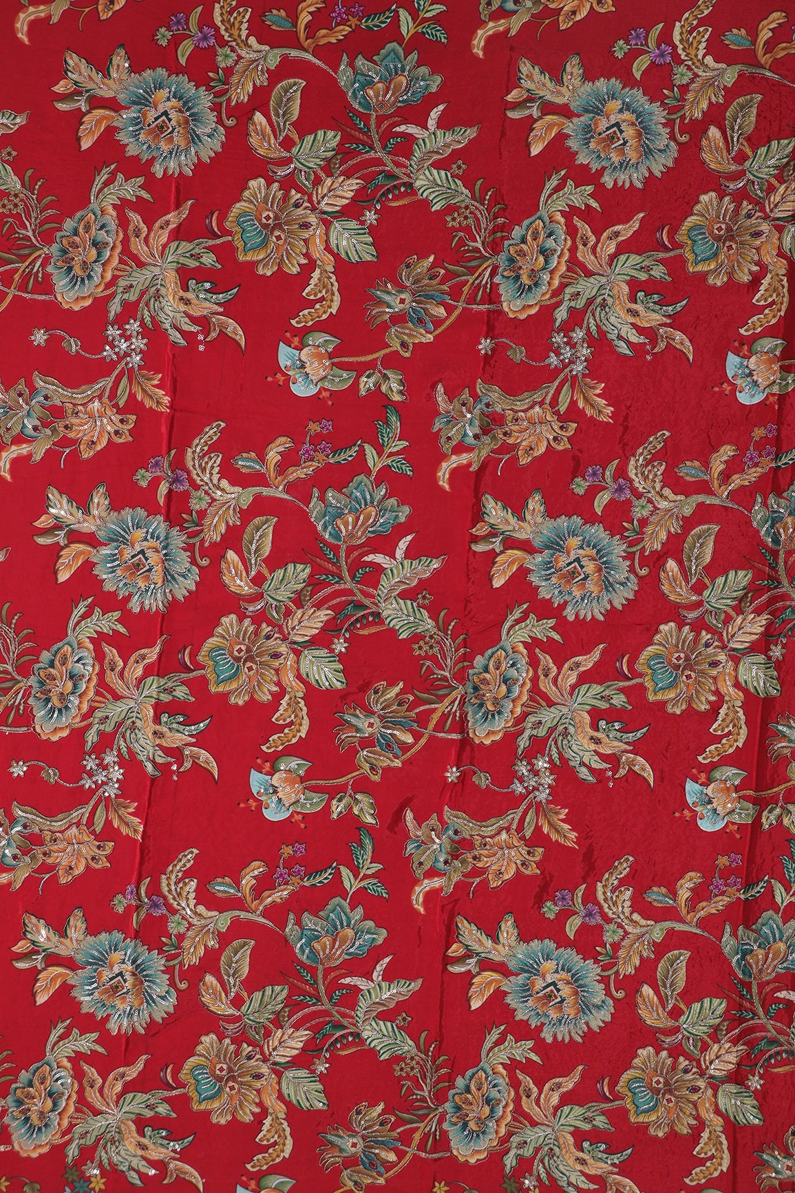 1 Meter Cut Piece Of Floral Position Print On Sequins With Zari Embroidery On Red Pure Crepe Fabric