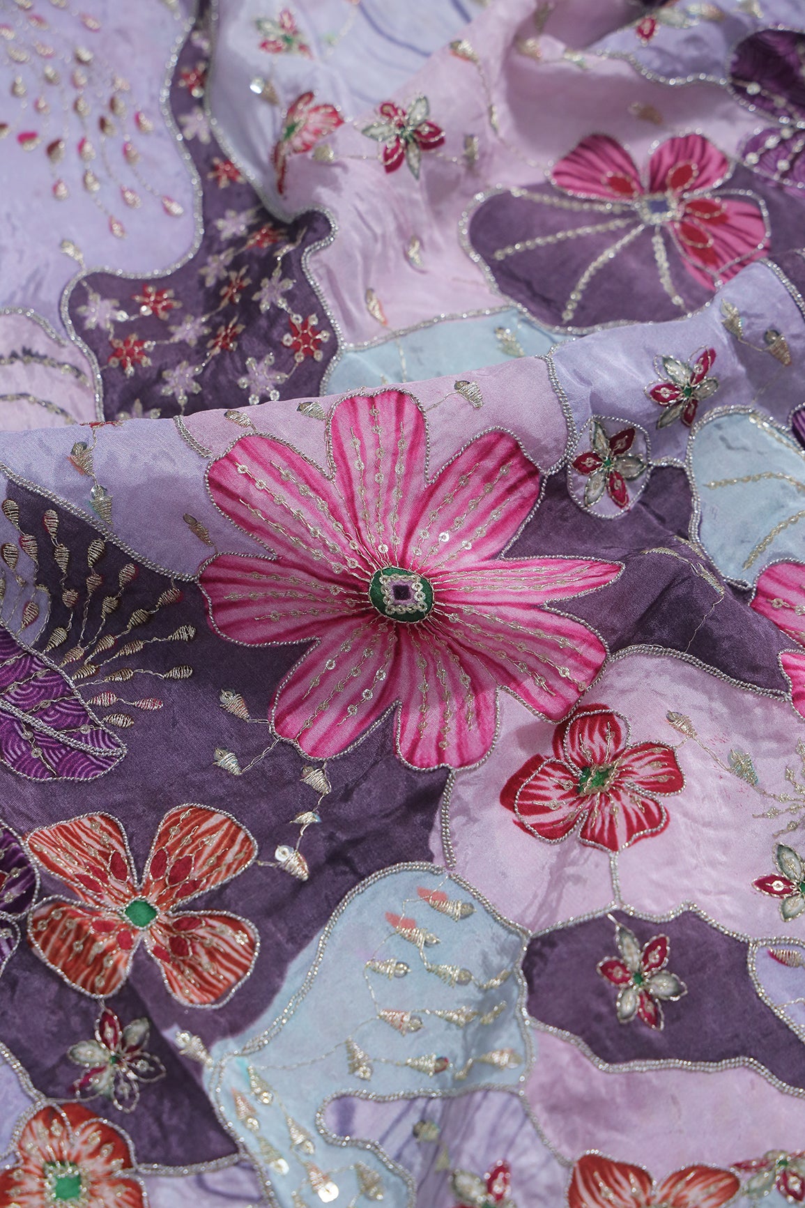 1.70 Meter Cut Piece Of Floral Position Print On Sequins With Zari Embroidery On Pale Purple Pure Crepe Fabric