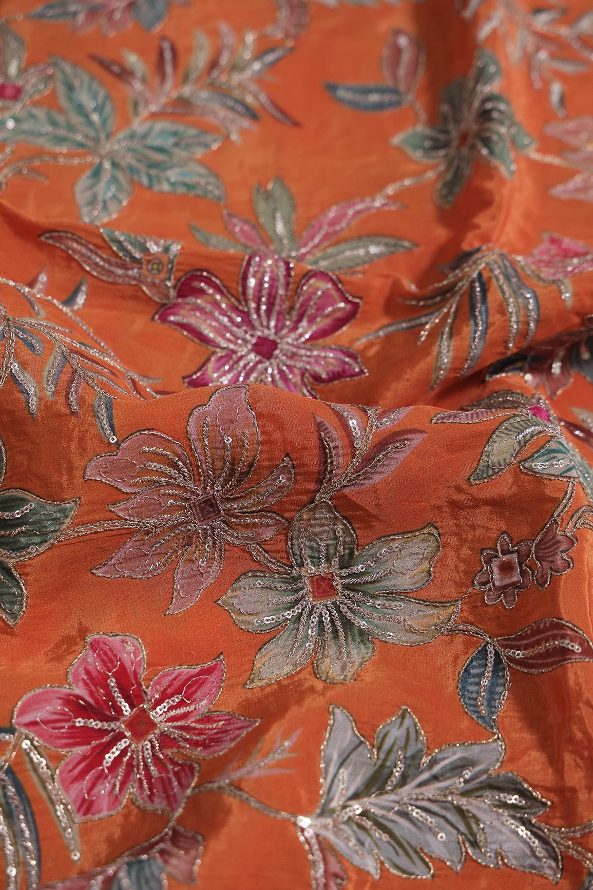 1.5 Meter Cut Piece Of Floral Position Print On Sequins With Zari Embroidery On Orange Crepe Fabric