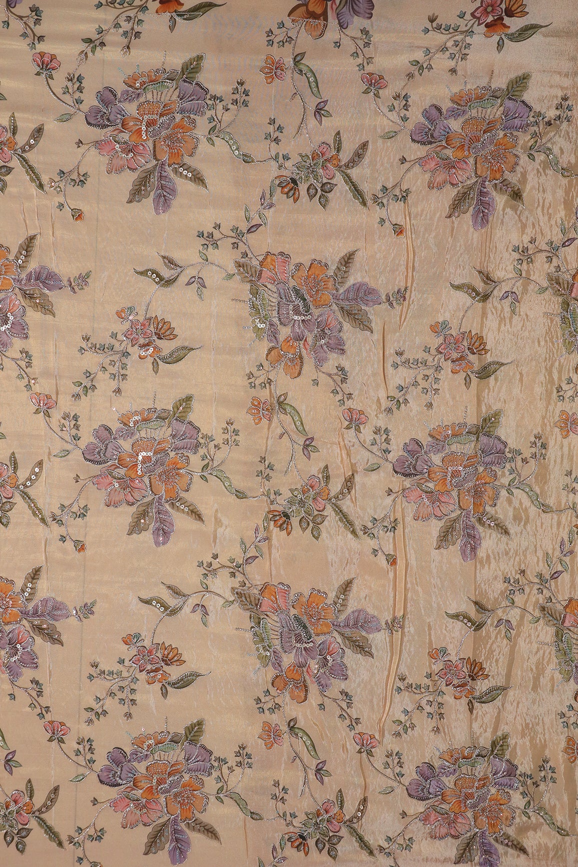 1.50 Meter Cut Piece Of Floral Position Print On Sequins With Zari Embroidery On Peach Viscose Zari Tissue Fabric
