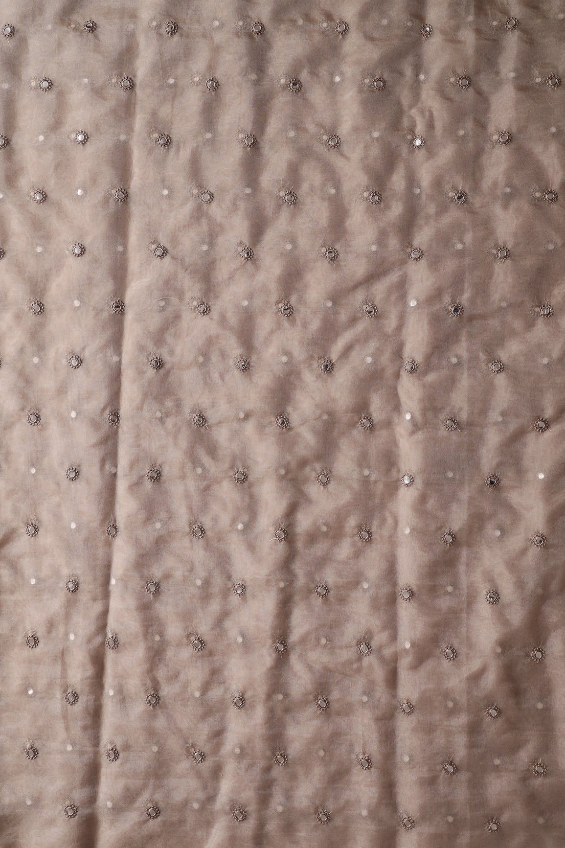 Brown Thread With Foil Mirror Work Small Motif Embroidery On Brown Organza Fabric