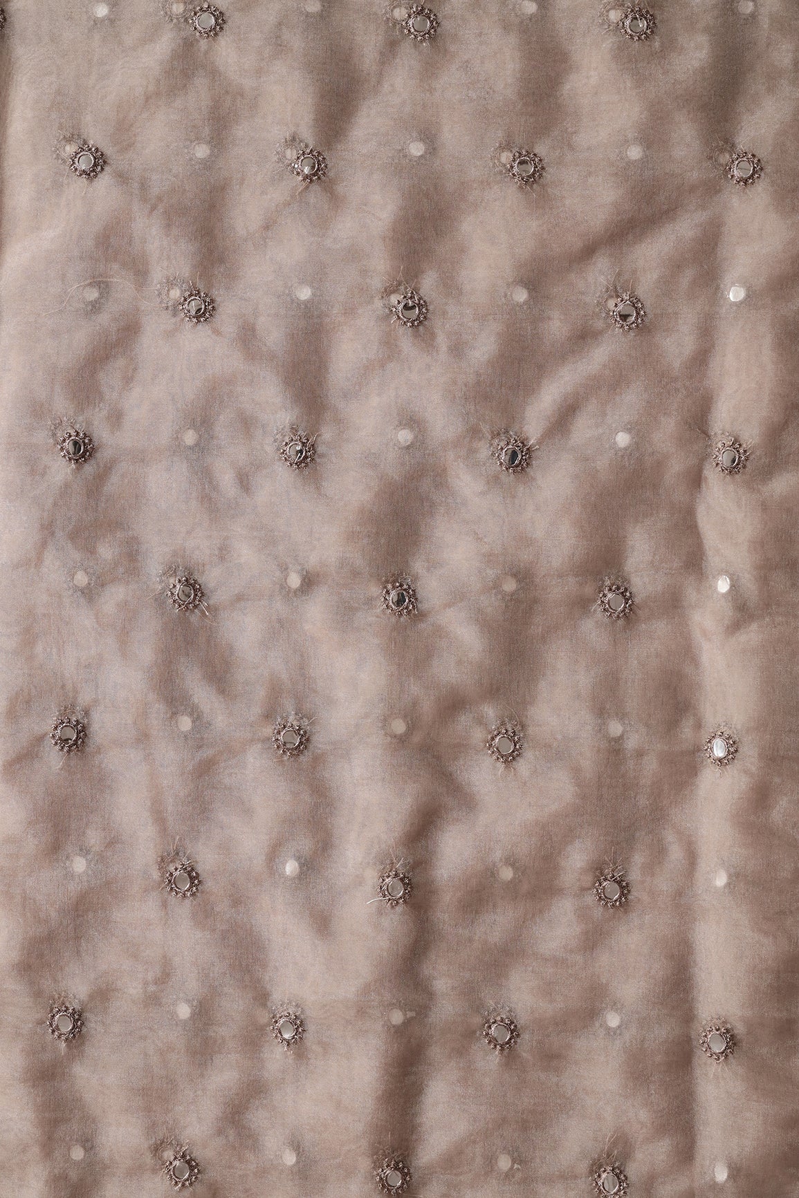 Brown Thread With Foil Mirror Work Small Motif Embroidery On Brown Organza Fabric