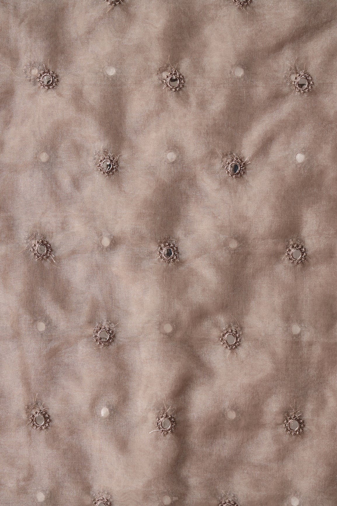 Brown Thread With Foil Mirror Work Small Motif Embroidery On Brown Organza Fabric