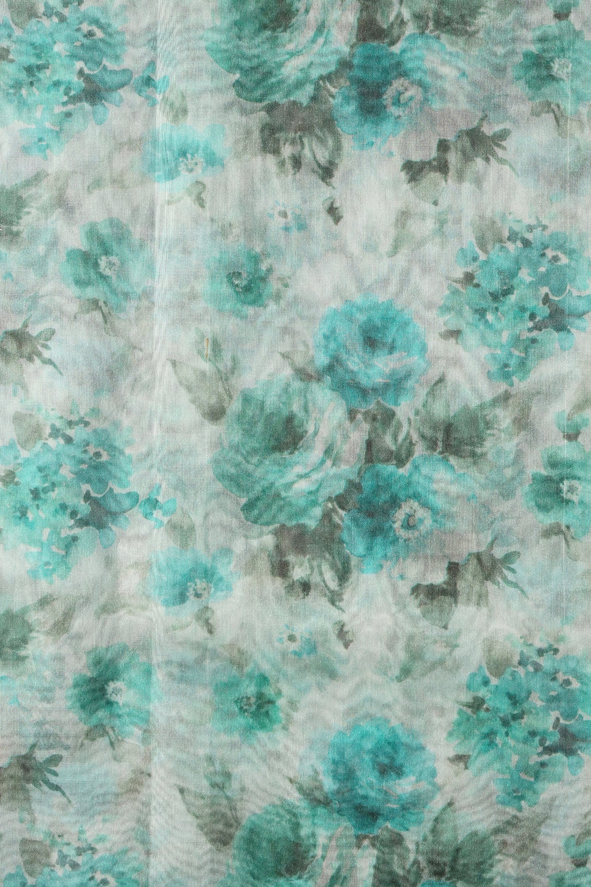 Teal Floral Digital Print On White Organza Fabric