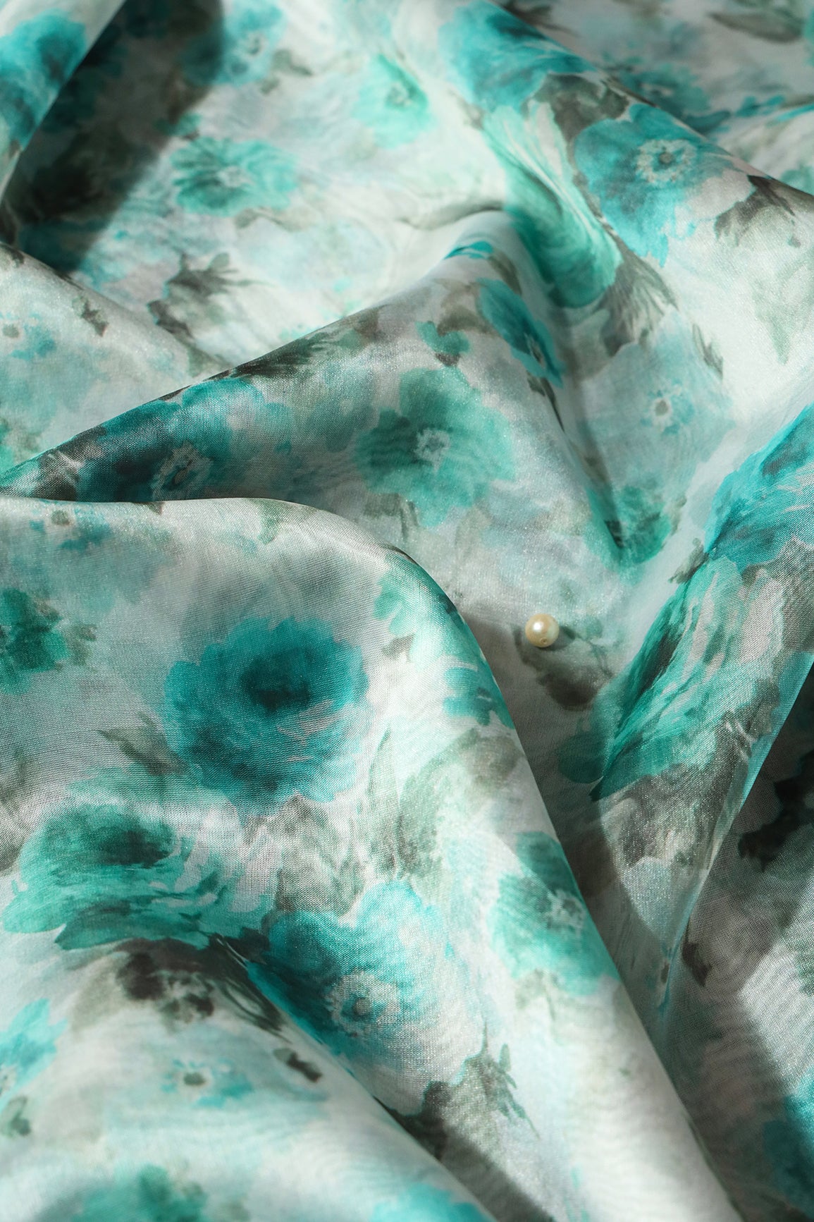 Teal Floral Digital Print On White Organza Fabric