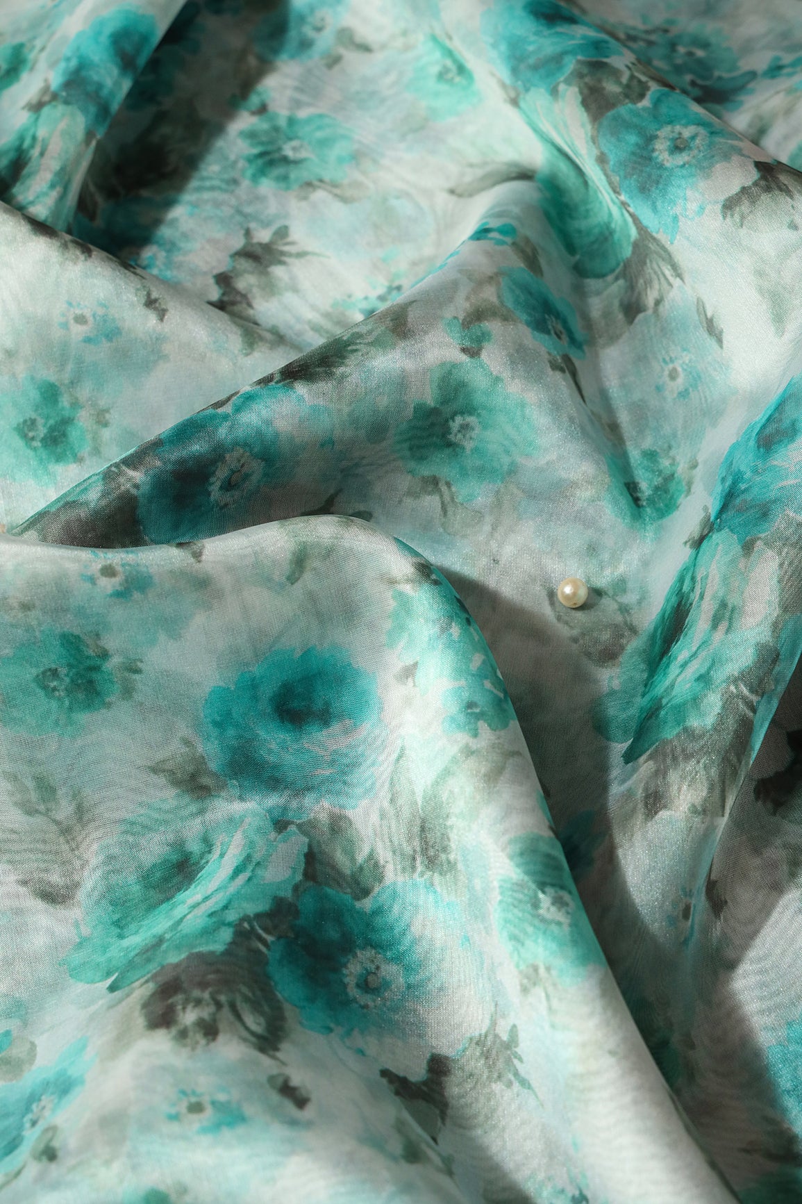 Teal Floral Digital Print On White Organza Fabric