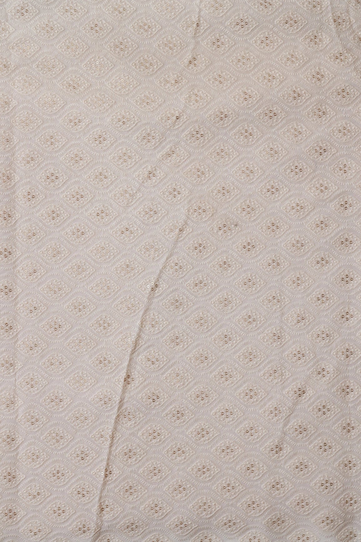 White Thread With Sequins Ogee Lucknowi Embroidery On Dyeable Pure Viscose Georgette Fabric With Border