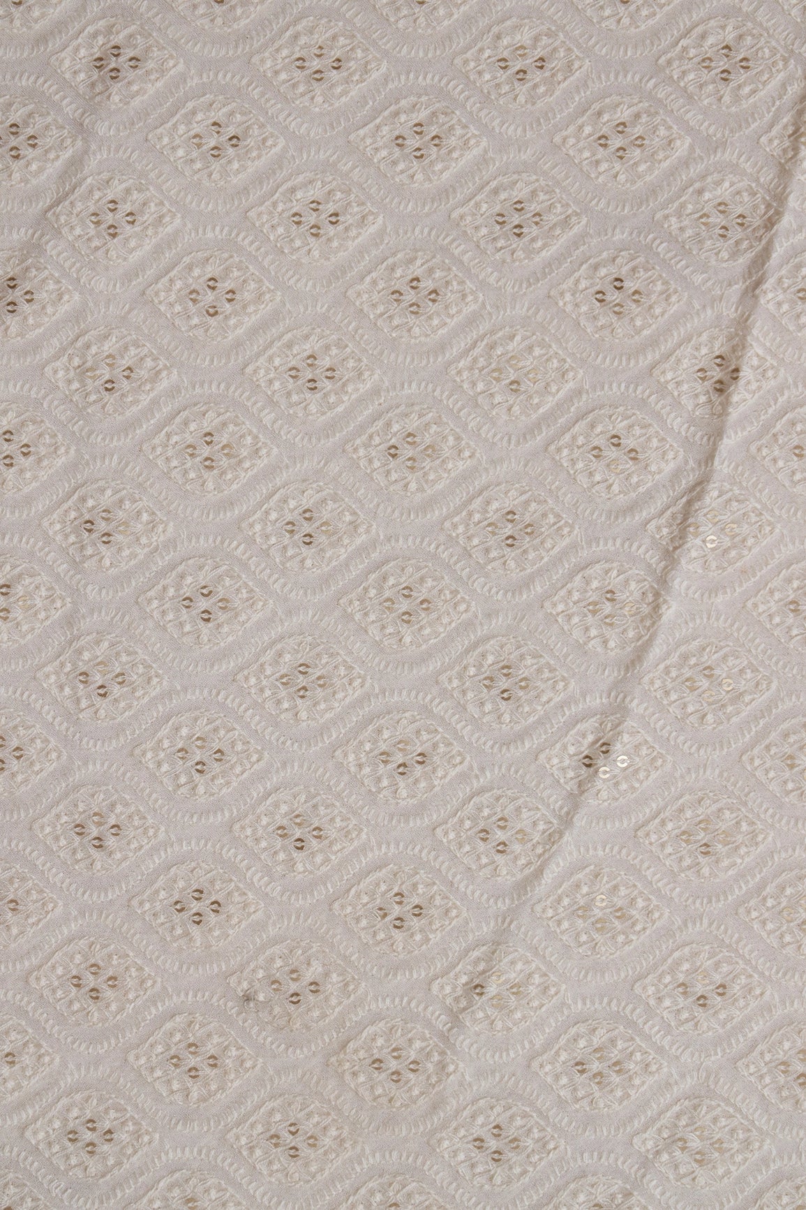 White Thread With Sequins Ogee Lucknowi Embroidery On Dyeable Pure Viscose Georgette Fabric With Border