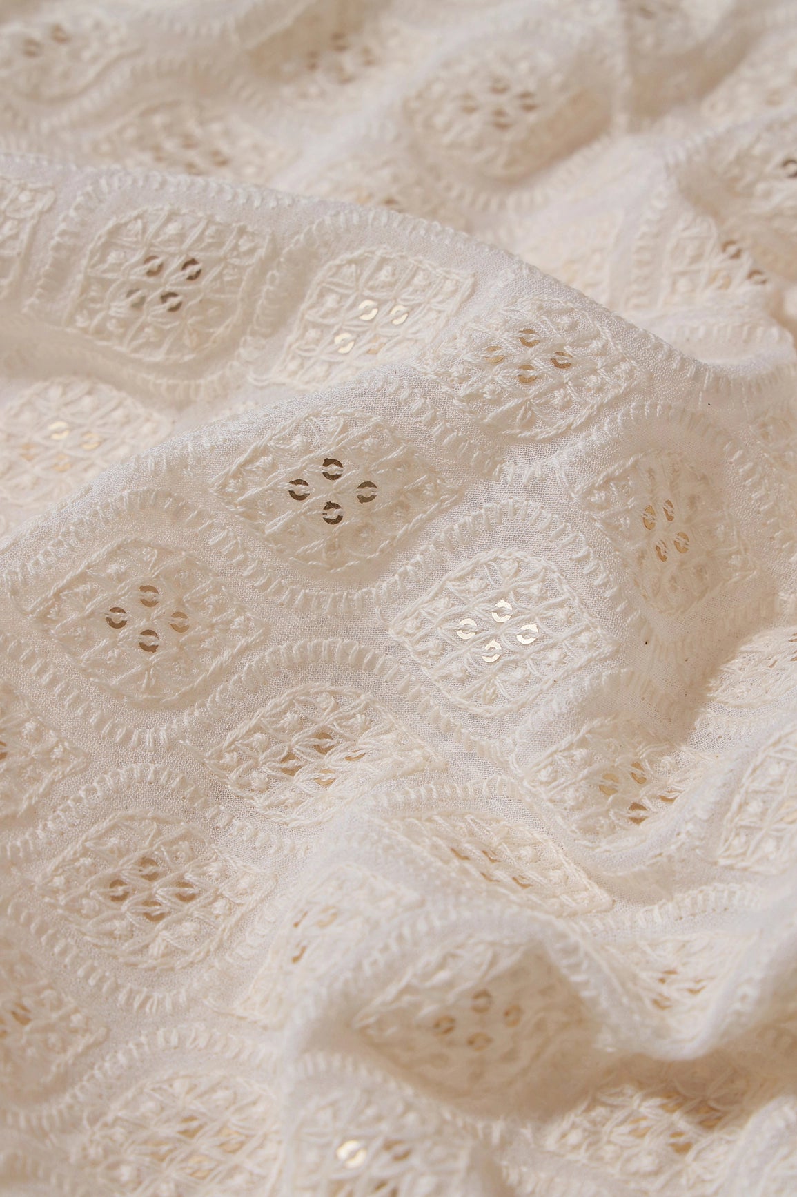 White Thread With Sequins Ogee Lucknowi Embroidery On Dyeable Pure Viscose Georgette Fabric With Border