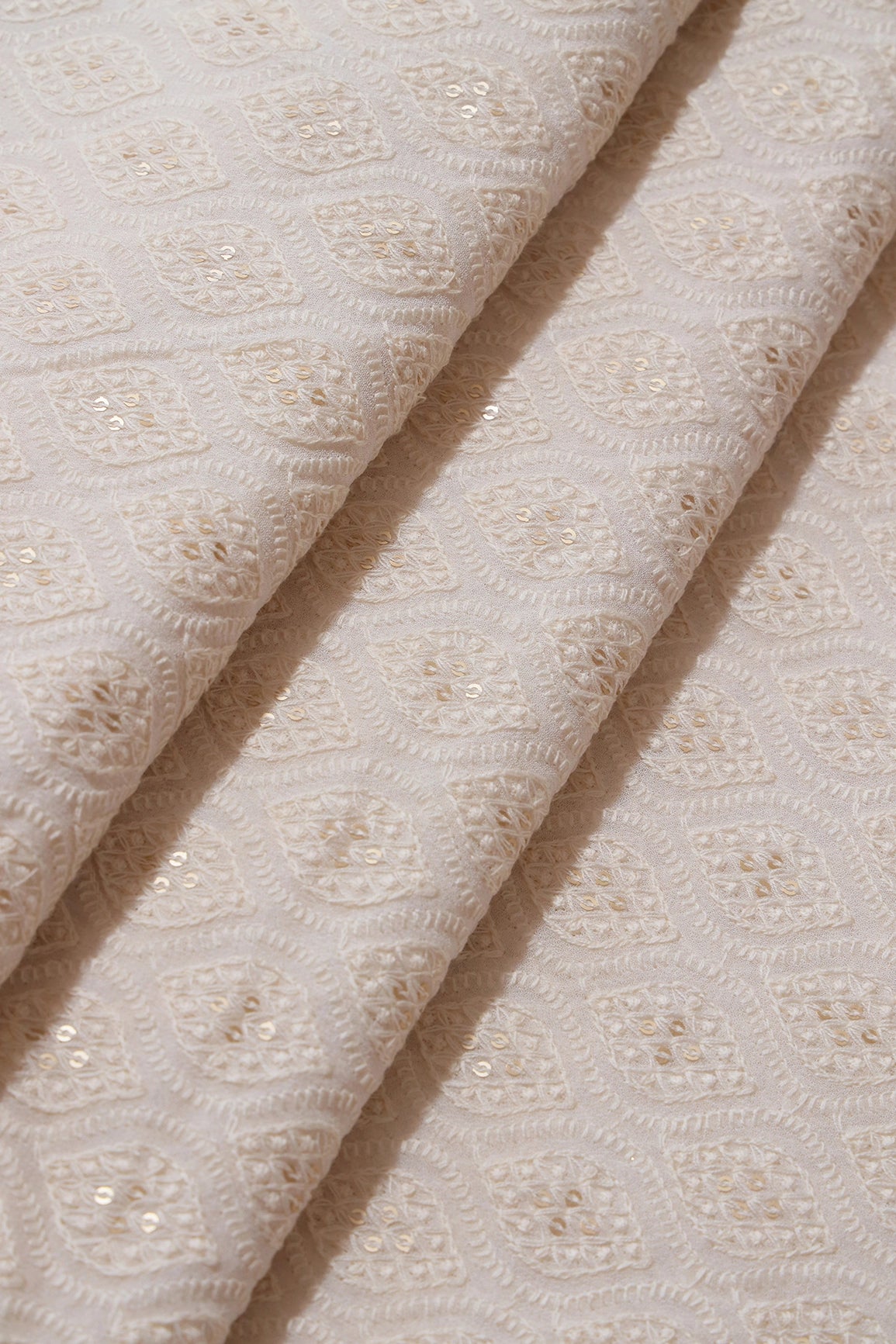 White Thread With Sequins Ogee Lucknowi Embroidery On Dyeable Pure Viscose Georgette Fabric With Border
