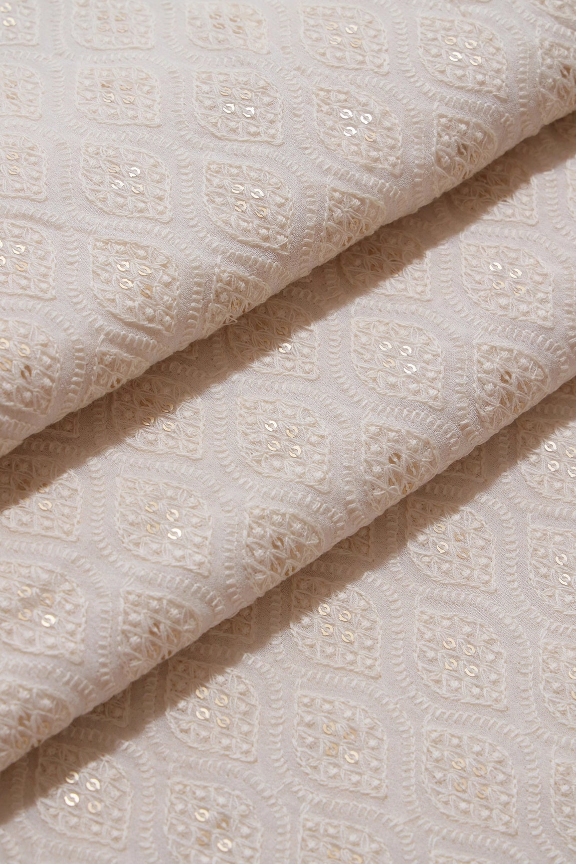 White Thread With Sequins Ogee Lucknowi Embroidery On Dyeable Pure Viscose Georgette Fabric With Border