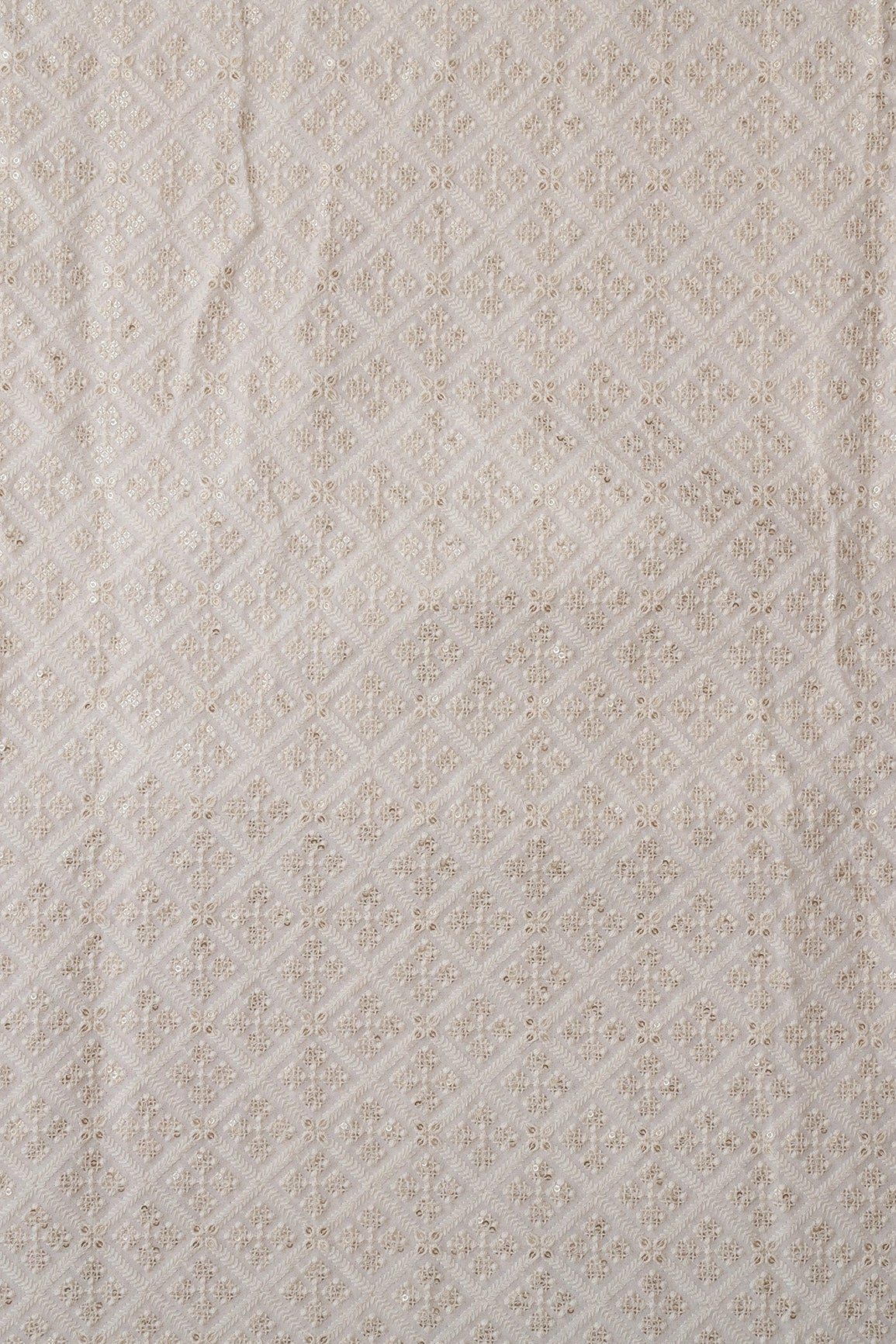 White Thread With Sequins Checks Lucknowi Embroidery On Dyeable Pure Viscose Georgette Fabric With Border