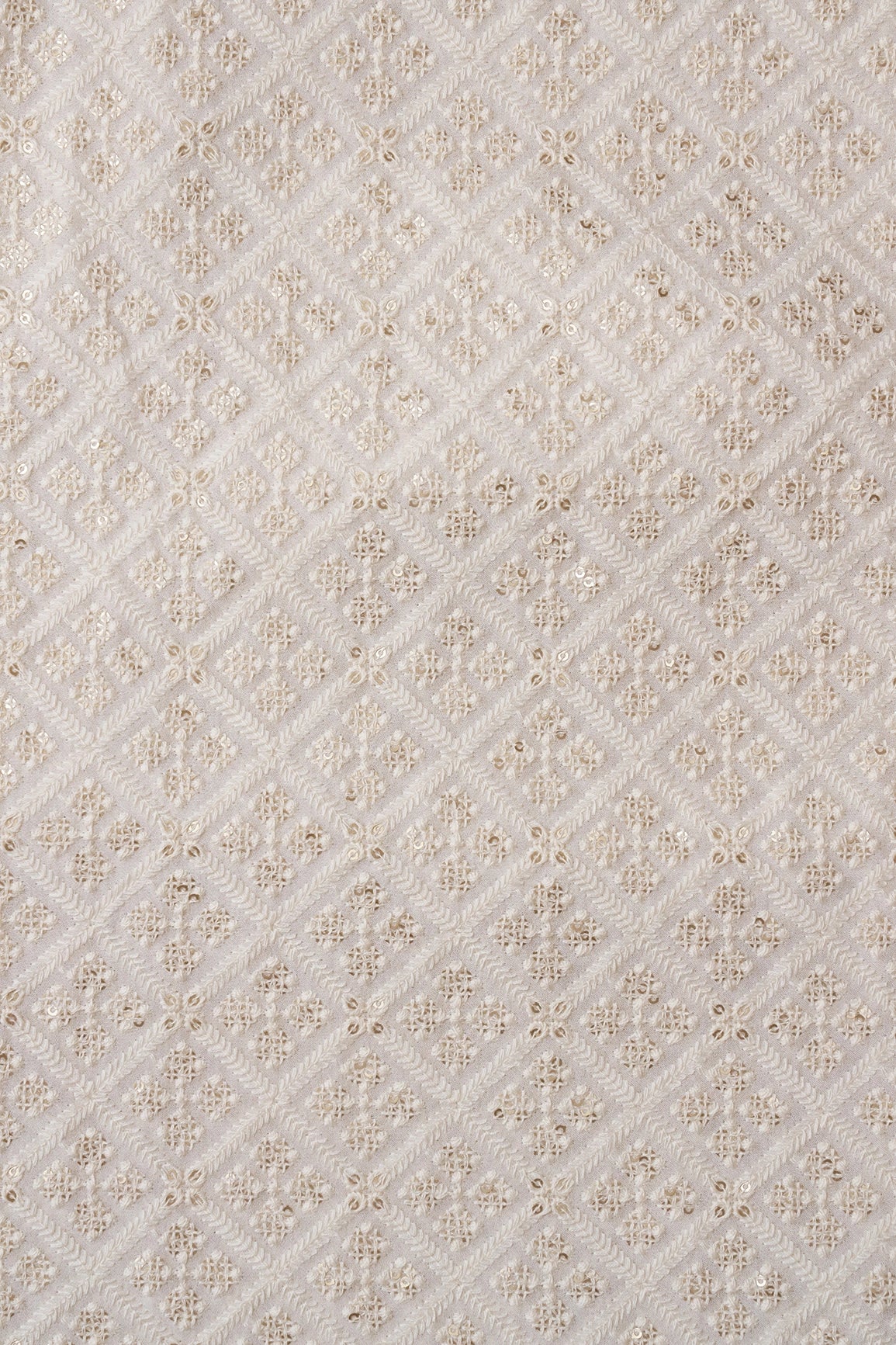 White Thread With Sequins Checks Lucknowi Embroidery On Dyeable Pure Viscose Georgette Fabric With Border