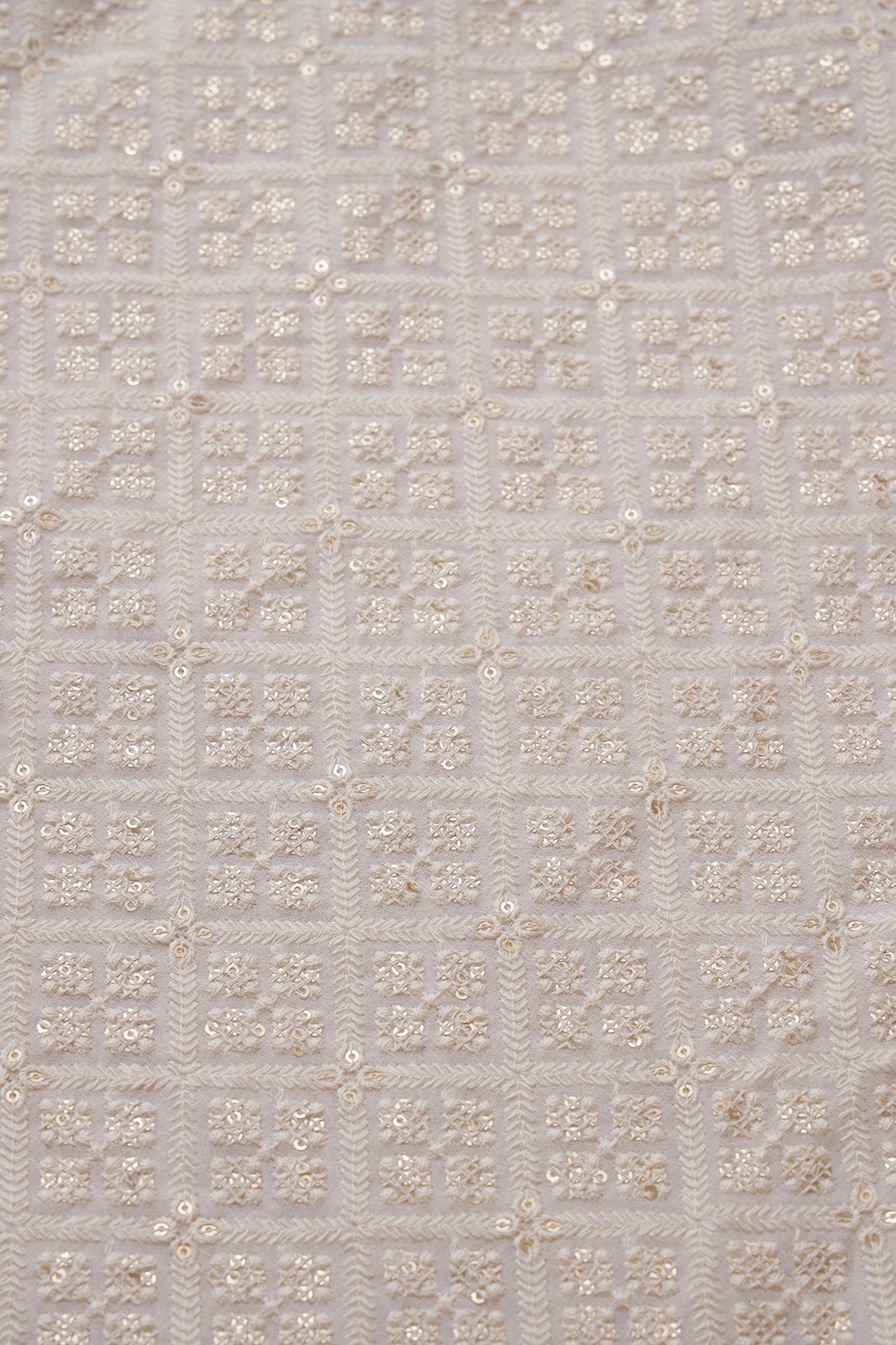White Thread With Sequins Checks Lucknowi Embroidery On Dyeable Pure Viscose Georgette Fabric With Border
